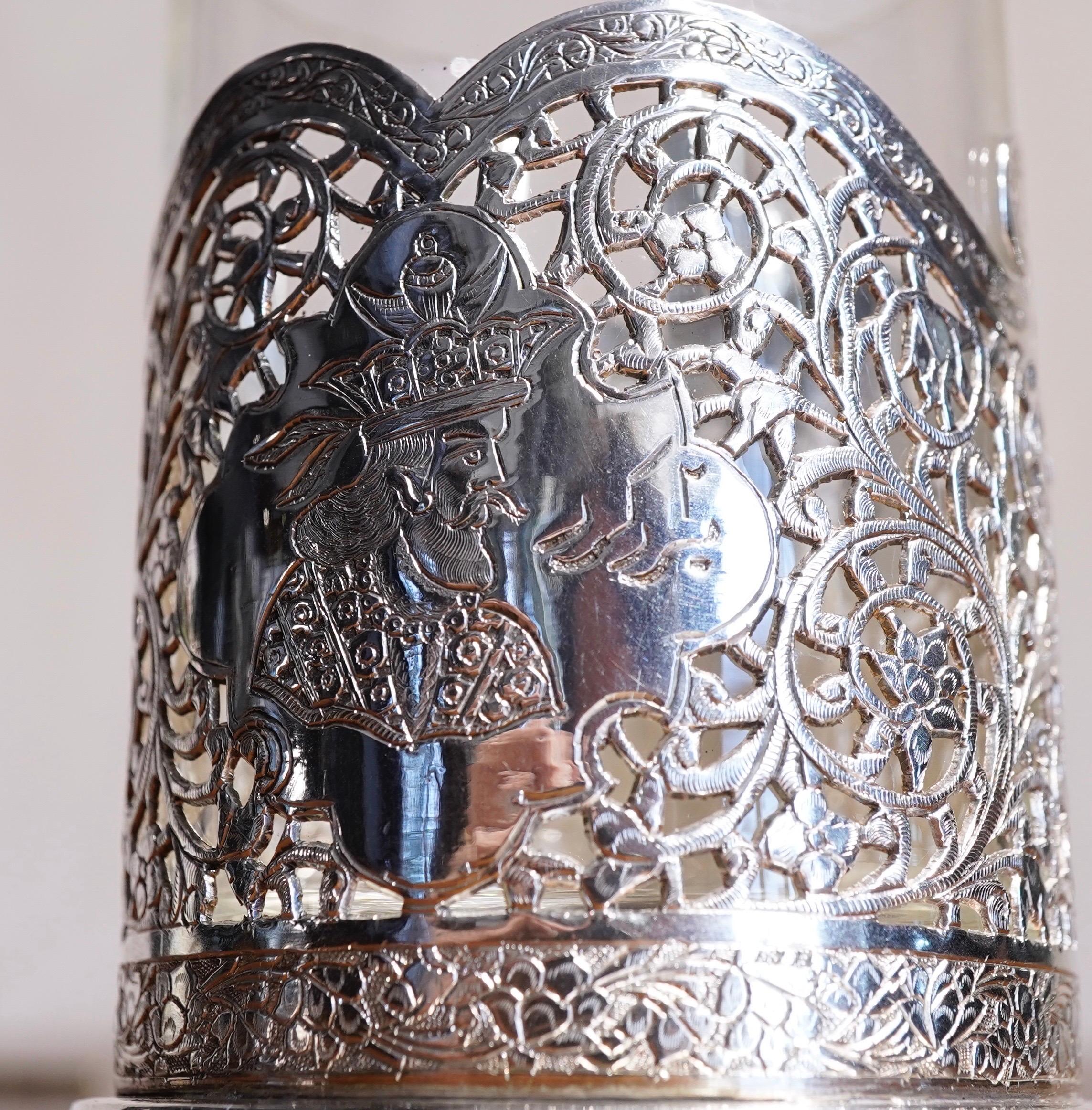 Iranian Silver and Glass Coffee Cup, Head of a Ruler, Qajar, 19th Century For Sale 5