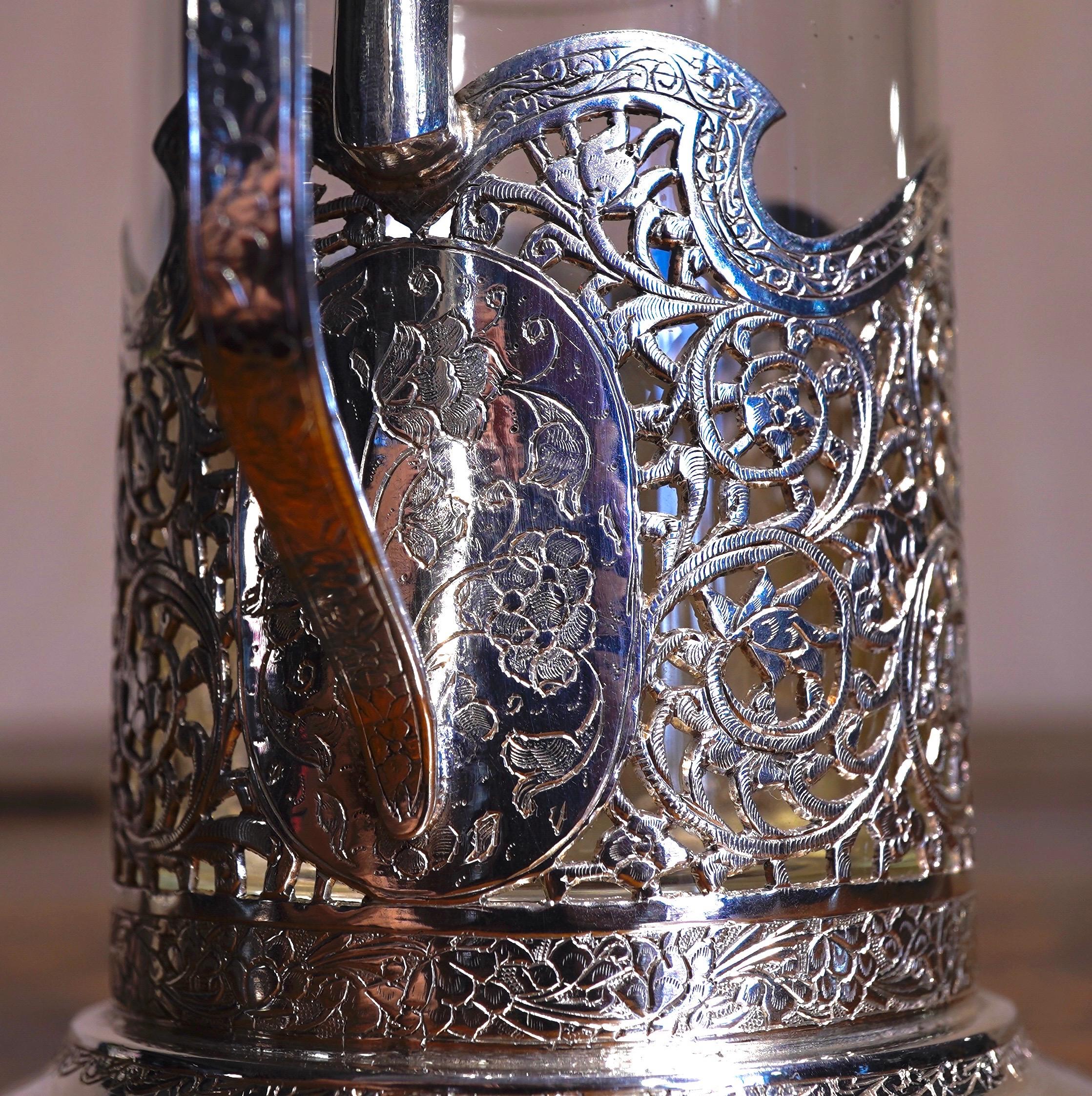 Iranian Silver and Glass Coffee Cup, Head of a Ruler, Qajar, 19th Century For Sale 6