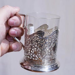 Iranian Silver and Glass Coffee Cup, Head of a Ruler, Qajar, 19th Century