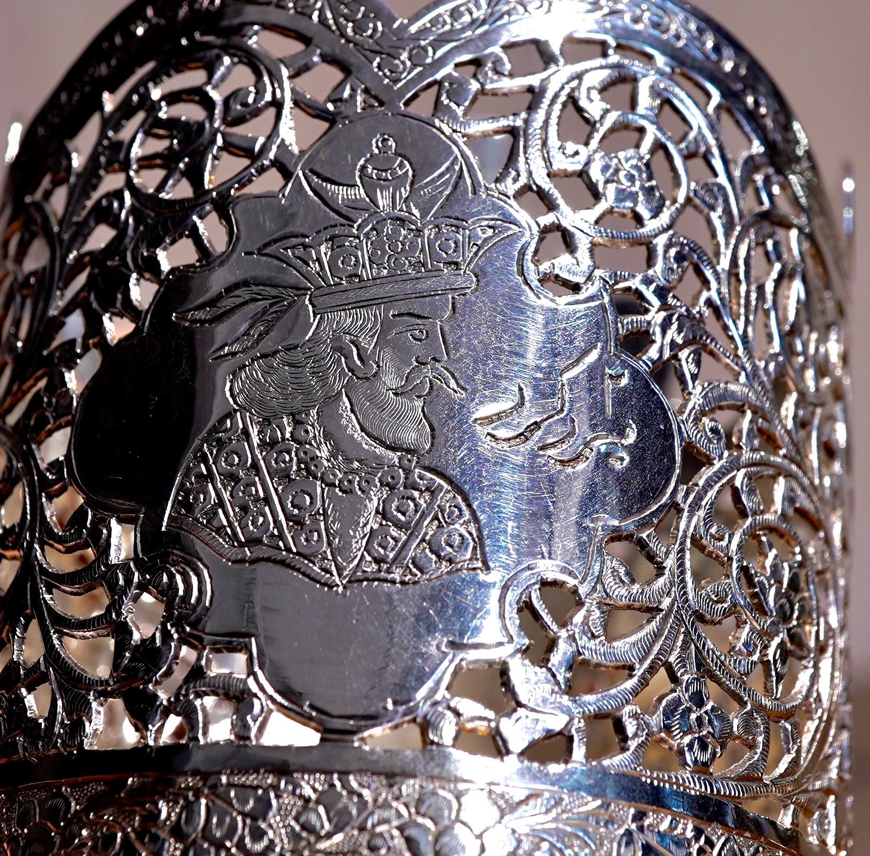 Iranian Silver and Glass Coffee Cup, Head of a Ruler, Qajar, 19th Century For Sale 1