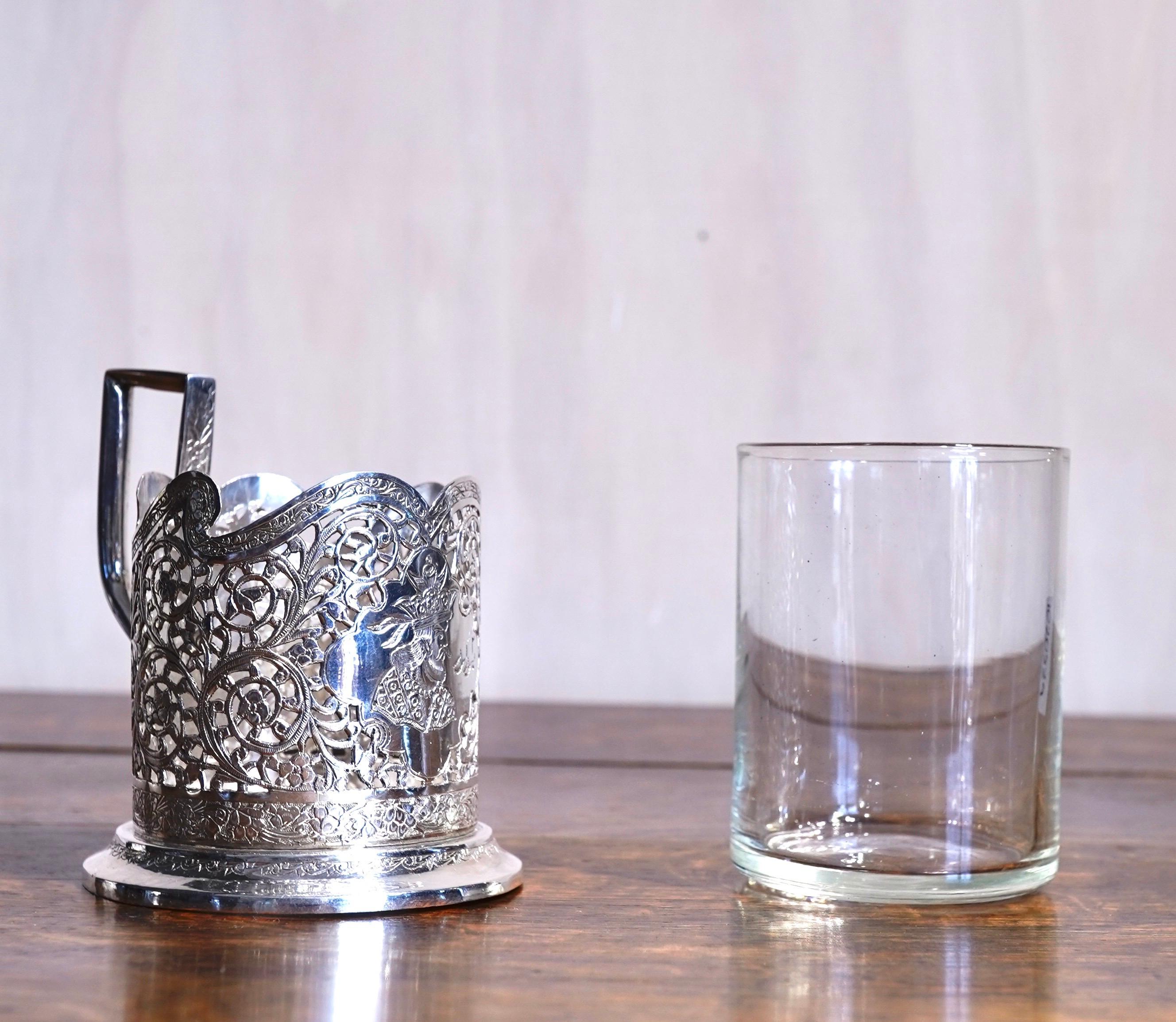 Iranian Silver and Glass Coffee Cup, Head of a Ruler, Qajar, 19th Century For Sale 2