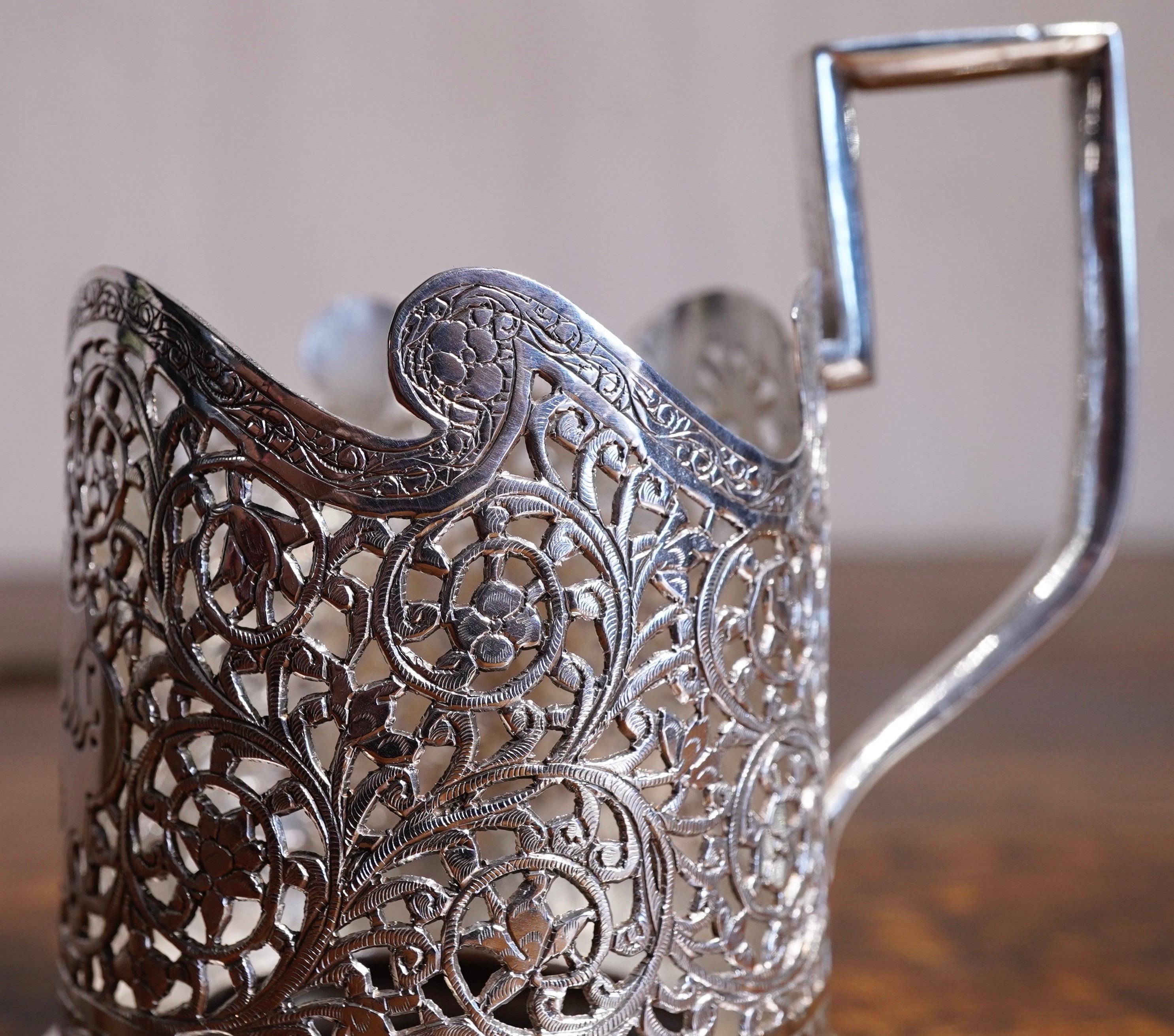 Iranian Silver and Glass Coffee Cup, Head of a Ruler, Qajar, 19th Century For Sale 4