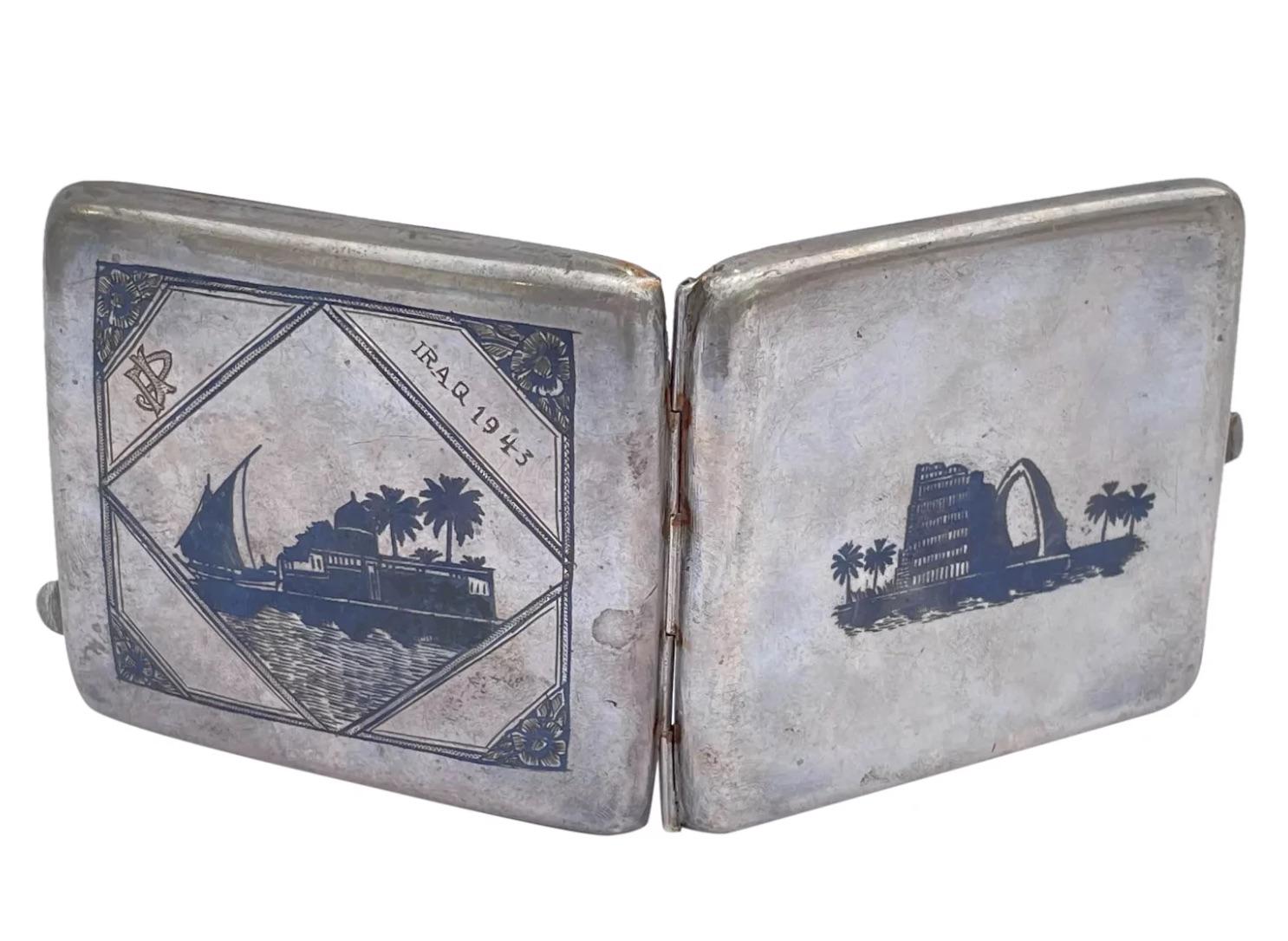 Iraqi Niello Silver Cigarette Box

Consistent with age and use please see the photos for condition
Please ask for more photos if you need we will send them with in 24-48 hours

Due to the item's age do not expect items to be in perfect condition and