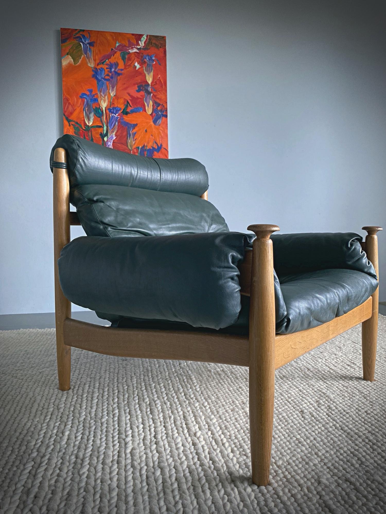 Stained IRE Möbler Eric Merthen Midcentury Green Leather Lounge Chair, 1960s, Sweden