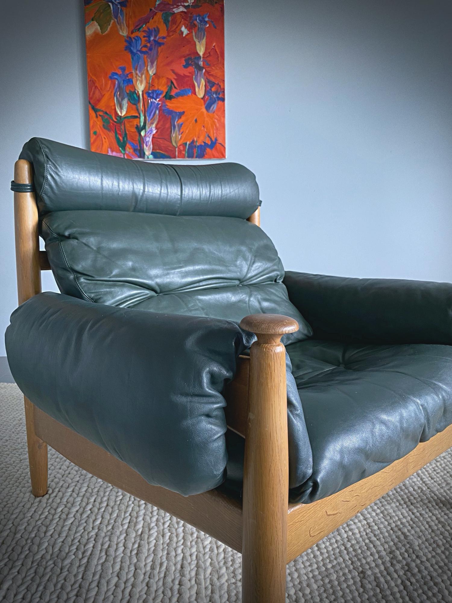 IRE Möbler Eric Merthen Midcentury Green Leather Lounge Chair, 1960s, Sweden In Good Condition In Biebergemund, Hessen
