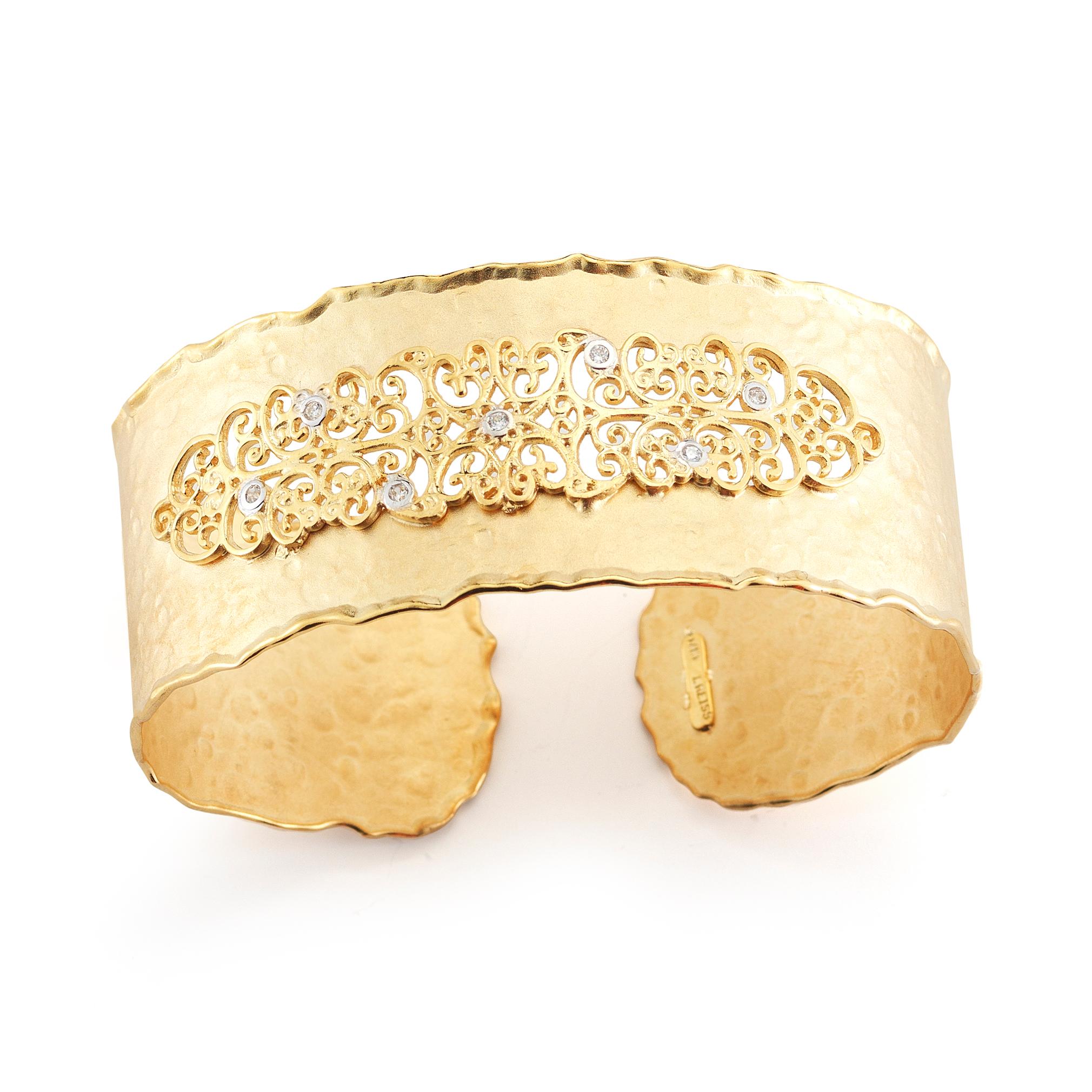 14 Karat Yellow Gold Hand-Crafted Matte And Hammer-Finish Filigree Cuff Bracelet, Accented With 0.14 Carats Of Bezel Set Diamonds.
