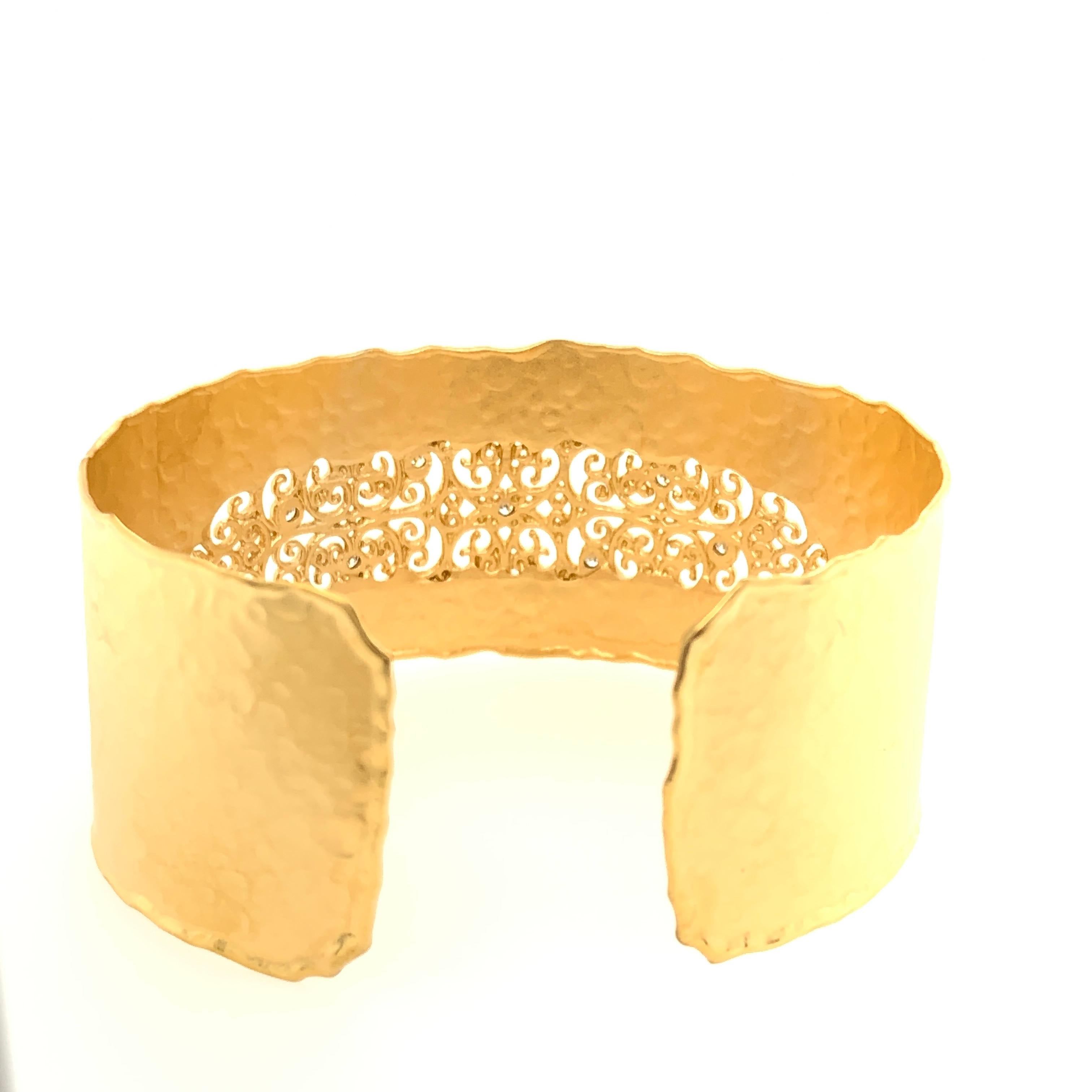 Round Cut Handcrafted 14 Karat Yellow Gold Filigree Cuff Bracelet For Sale