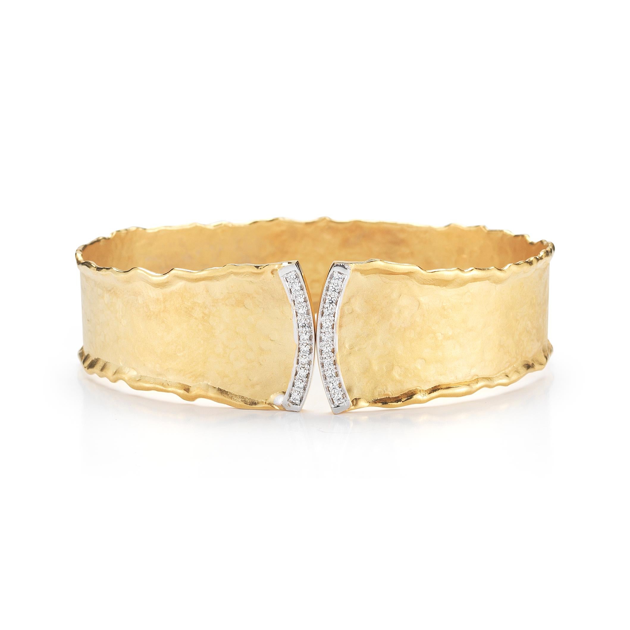 14 Karat Yellow Gold Hand-Crafted Matte And Hammer-Finished Scallop Edge Narrow Cuff Bracelet, Enhanced With 0.27 Carats Of Pave Set Diamonds.

