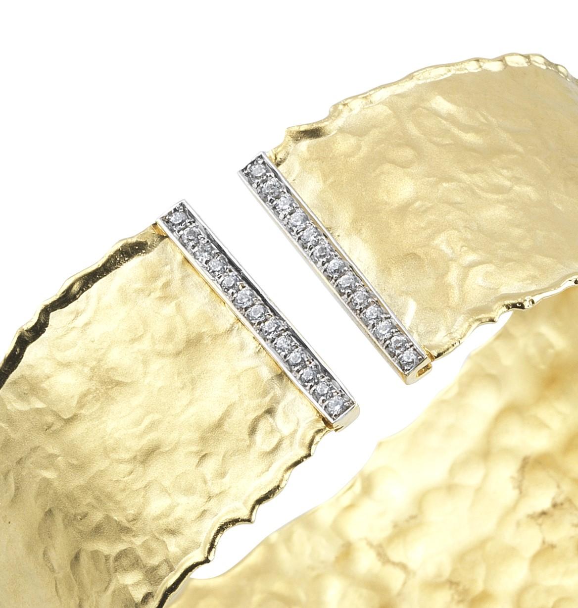 14 Karat Yellow Gold Hand-Crafted Matte And Hammered Finish Scallop-Edged Cuff Bracelet, Enhanced With 0.31 Carat Of Pave Set Diamond Bars.

