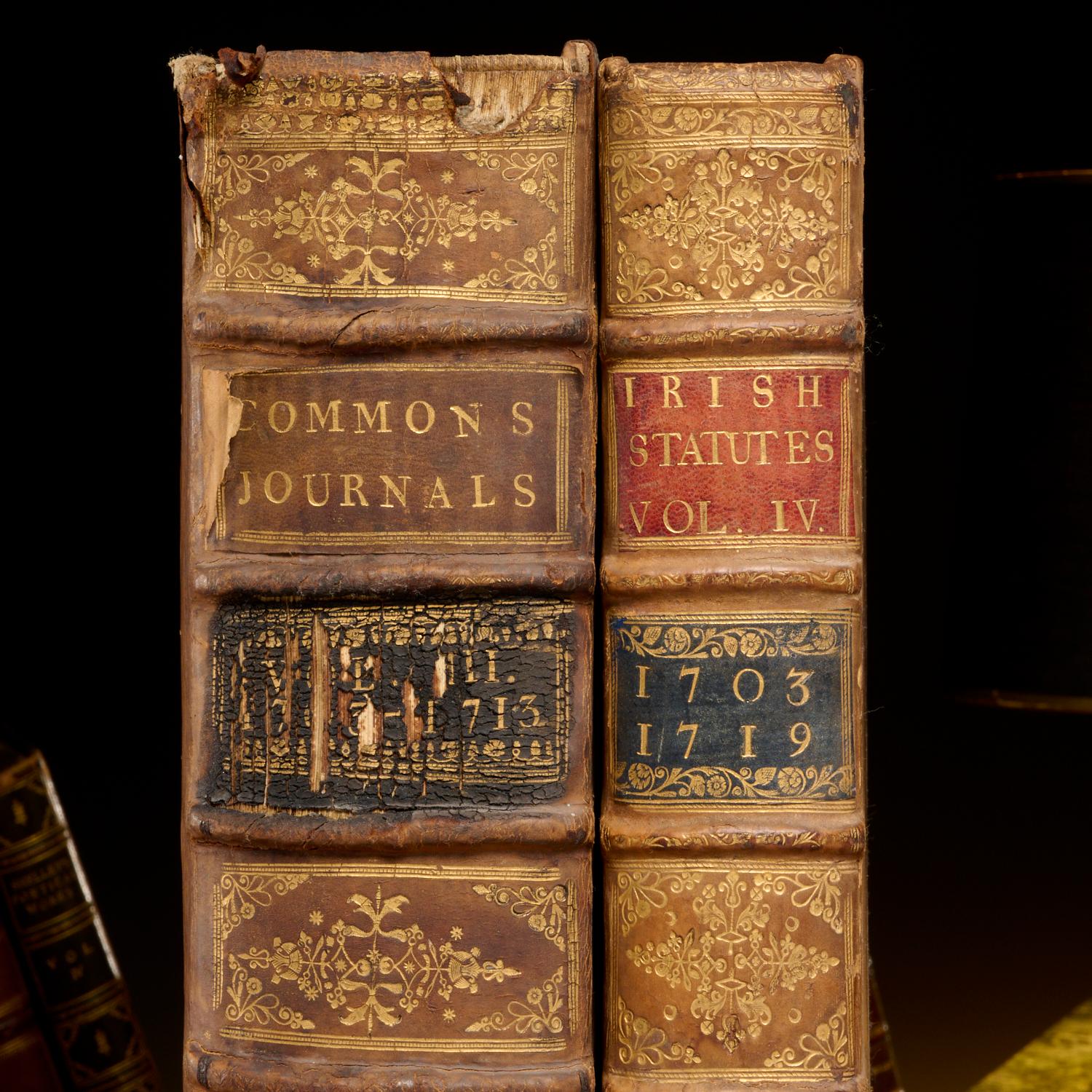 Two leather bound volumes published in Dublin, Ireland in the mid 1700's.

The Journals of the House of Commons of the Kingdom of Ireland from the Eleventh Year of King James the First..., Vol. III., 1753, printed by Abraham Bradley, Dublin, 1,019