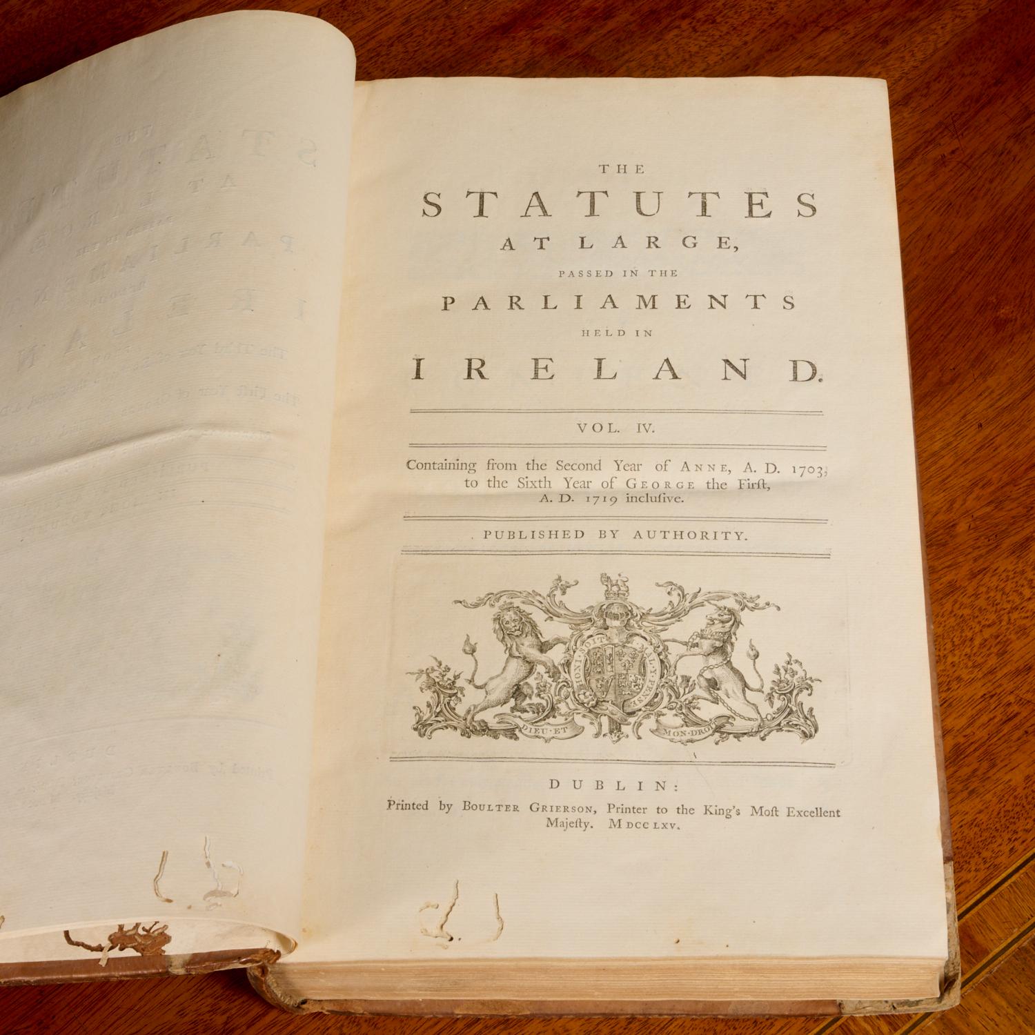 Hand-Crafted Ireland House of Commons 1753 Vol. III and Statutes at Large 1703-1719 Vol. IV For Sale