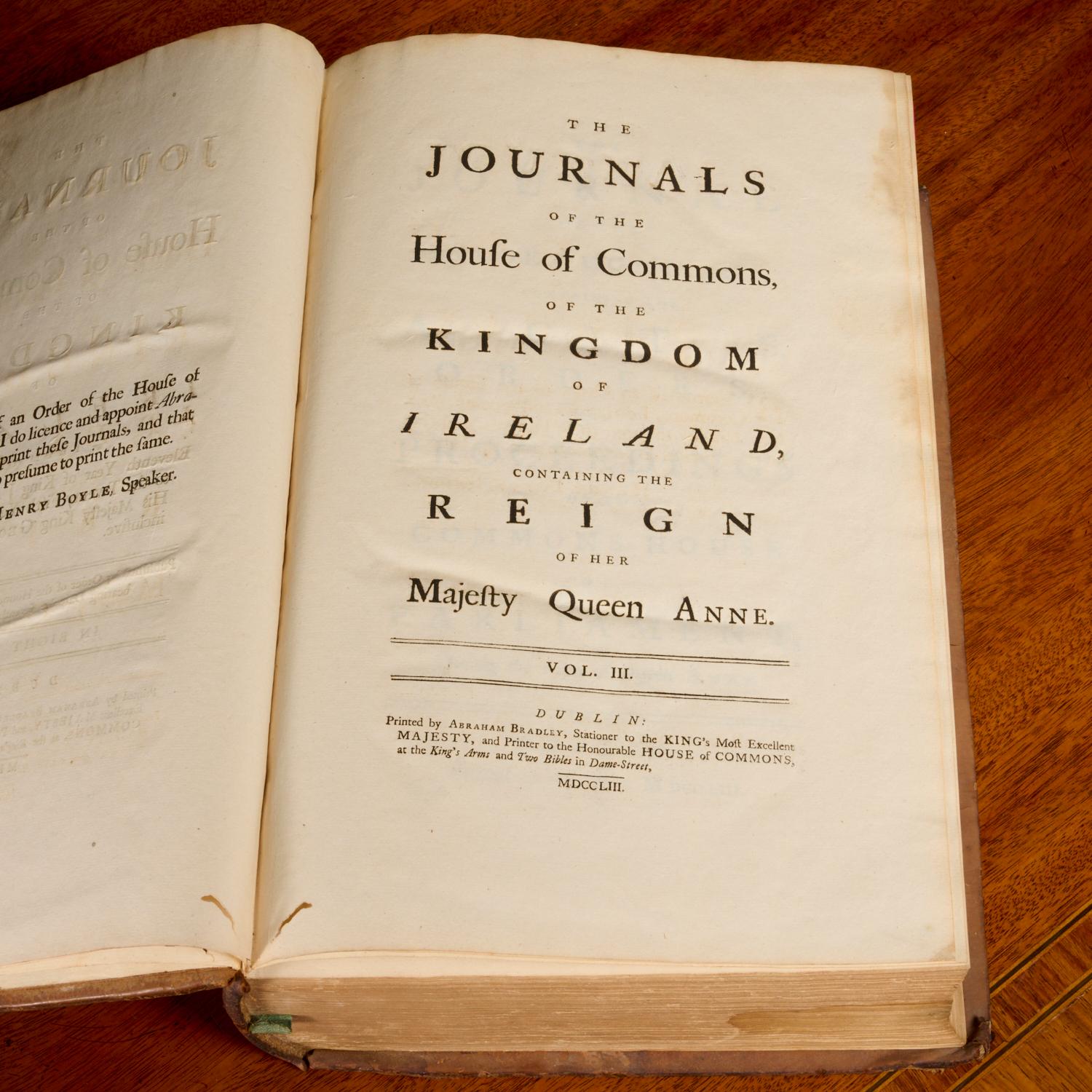 Mid-18th Century Ireland House of Commons 1753 Vol. III and Statutes at Large 1703-1719 Vol. IV For Sale