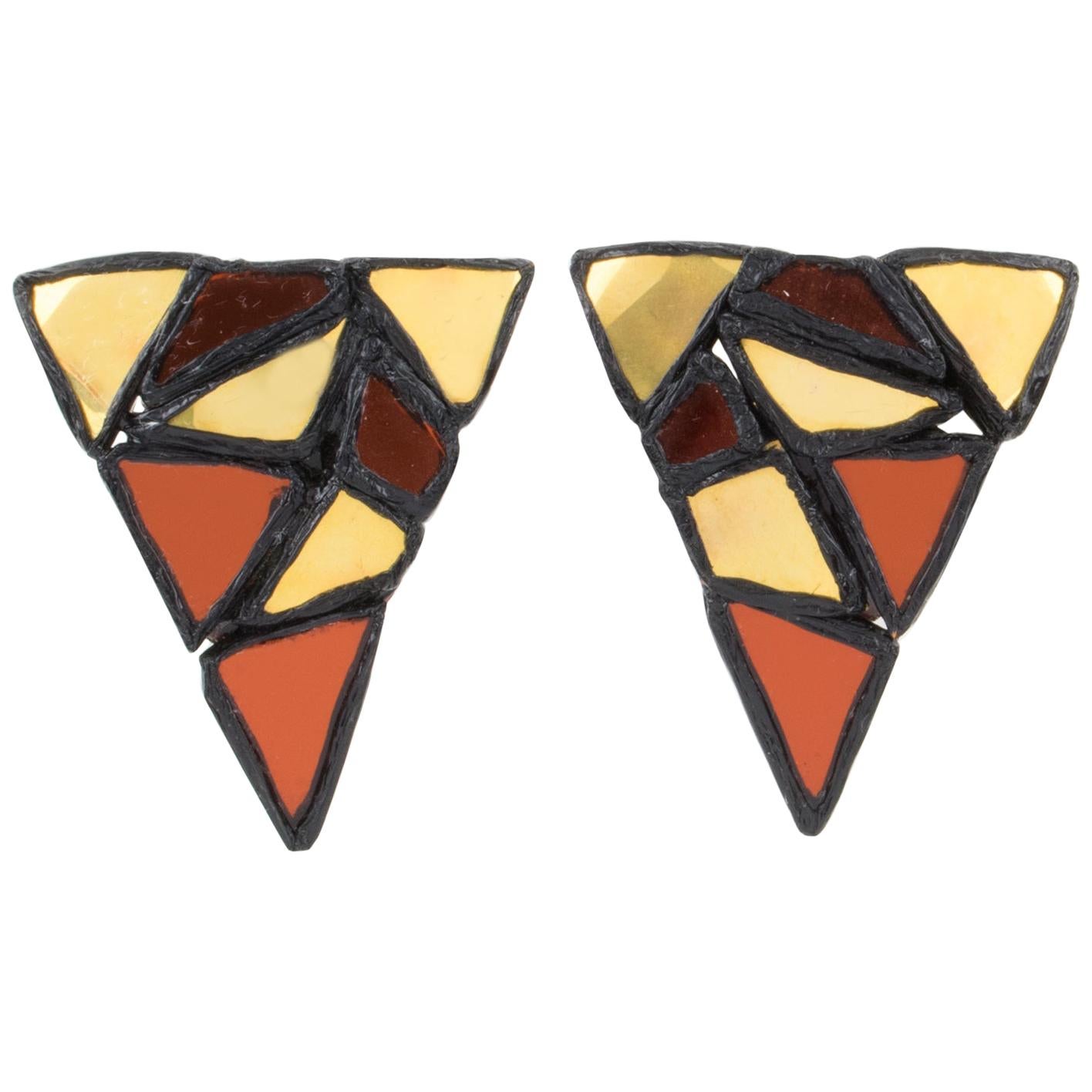 Irena Jaworska, Line Vautrin School Black Talosel and Mirrors Clip-on Earrings For Sale