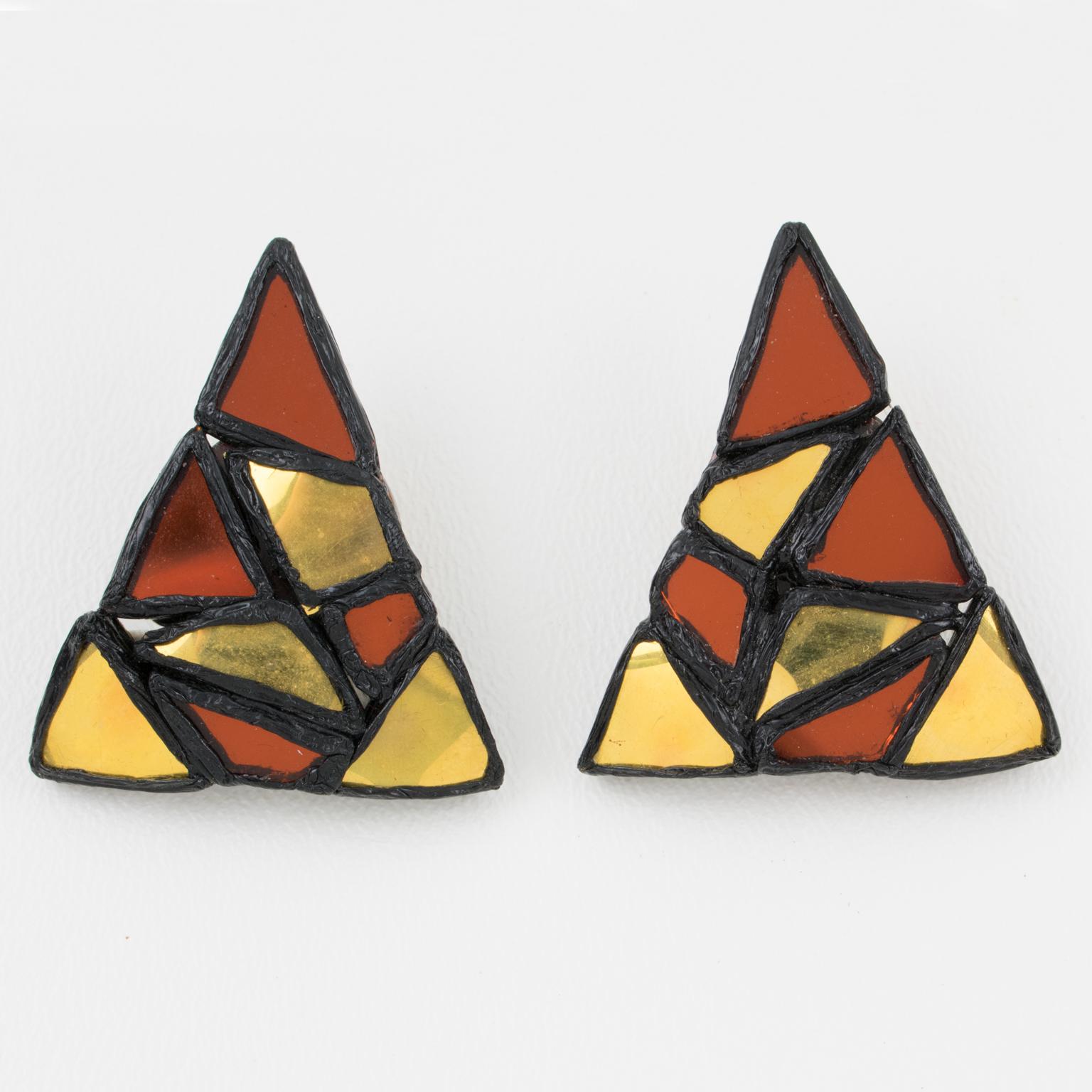 Irena Jaworska, Line Vautrin School Black Talosel and Mirrors Clip-on Earrings For Sale 2