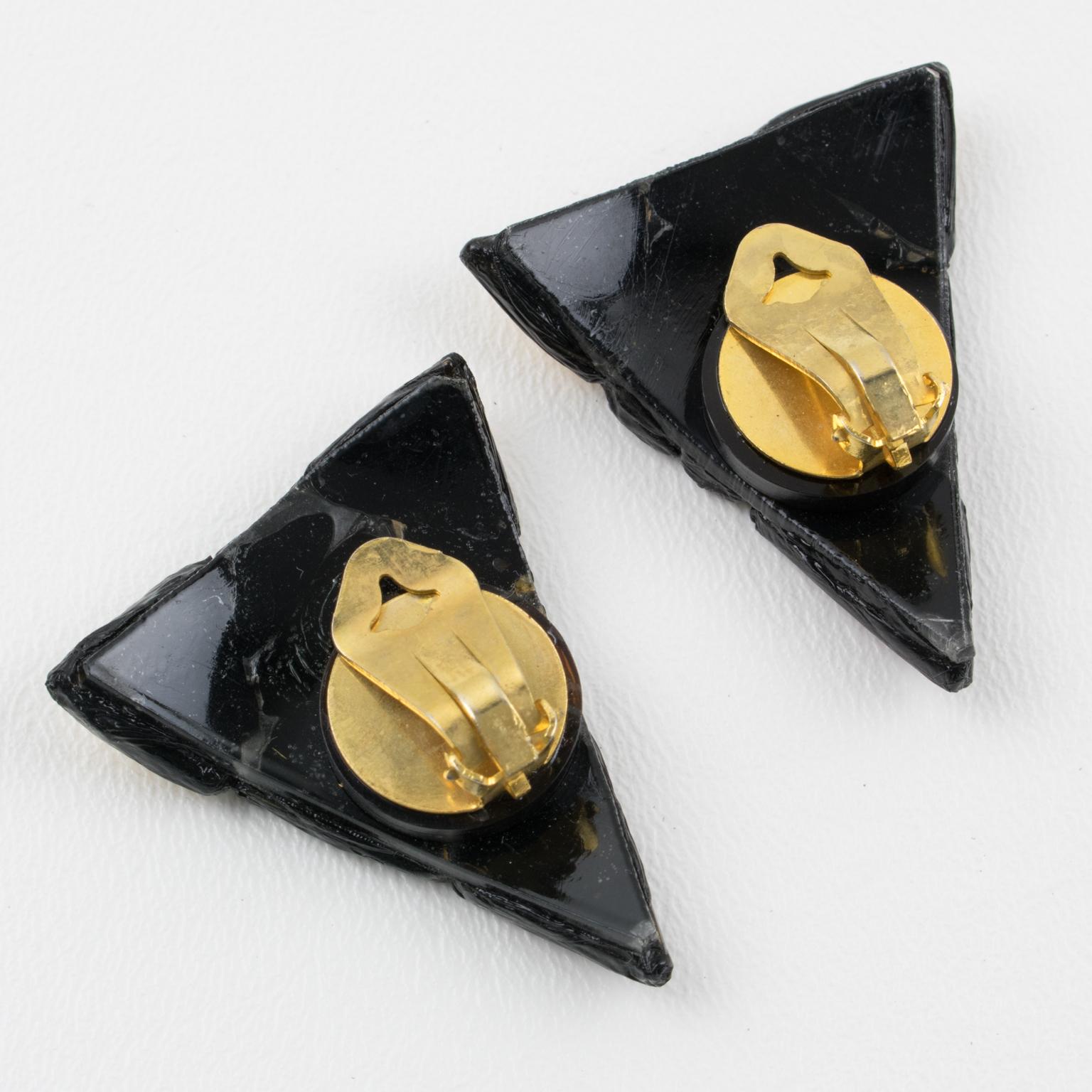Irena Jaworska, Line Vautrin School Black Talosel and Mirrors Clip-on Earrings For Sale 3