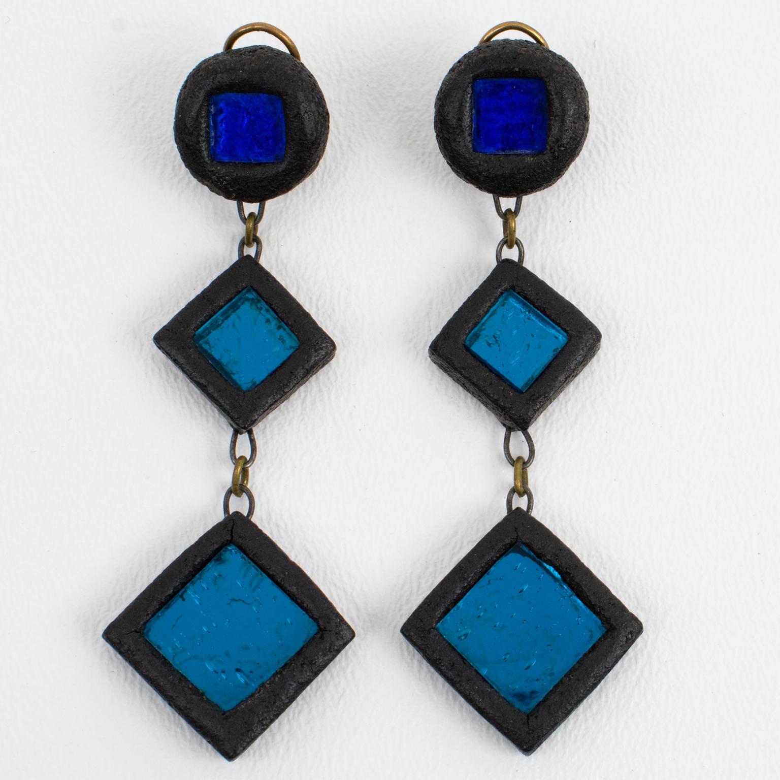 Modernist Irena Jaworska Talosel and Blue Mirror Dangle Clip Earrings For Sale