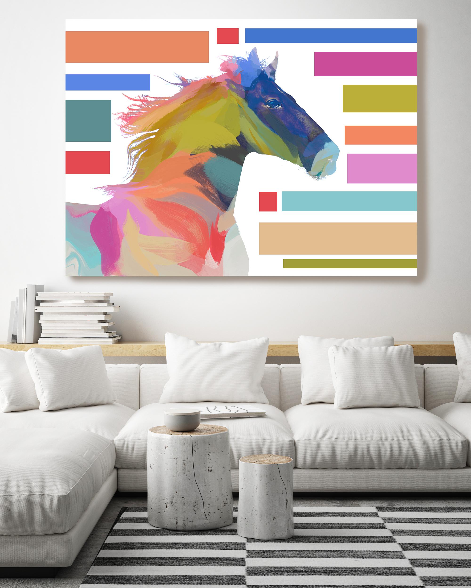 Abstraktes modernes Pferdeblock-Gemälde, Kunst Mixed Media auf Leinwand 40x60" 
