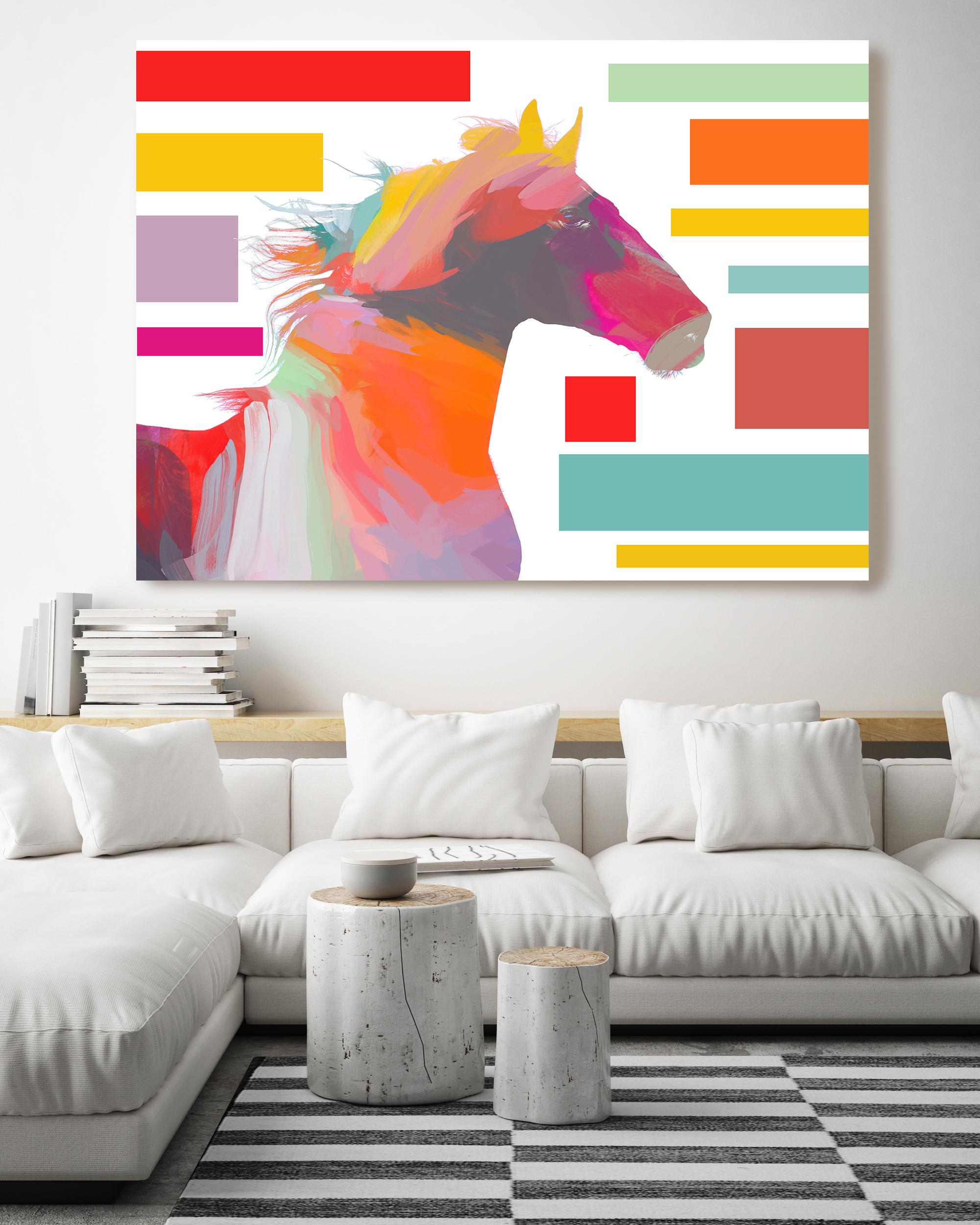 Pferdeblock-Gemälde, Kunst Mixed Media auf Leinwand, 40x60" 