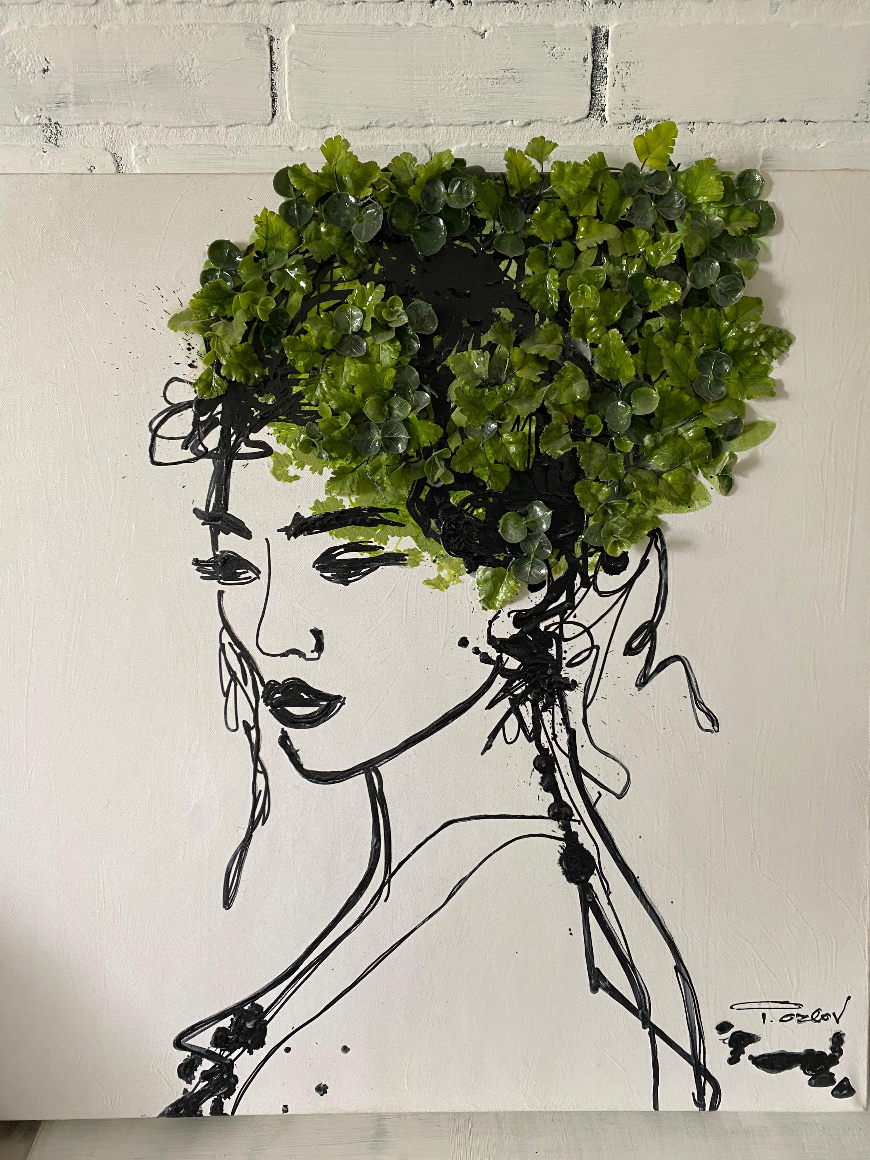 Beauty Spring Woman - Peinture acrylique et 3D sur toile Motif biophilique 24x24 po. - Gris Figurative Painting par Irena Orlov