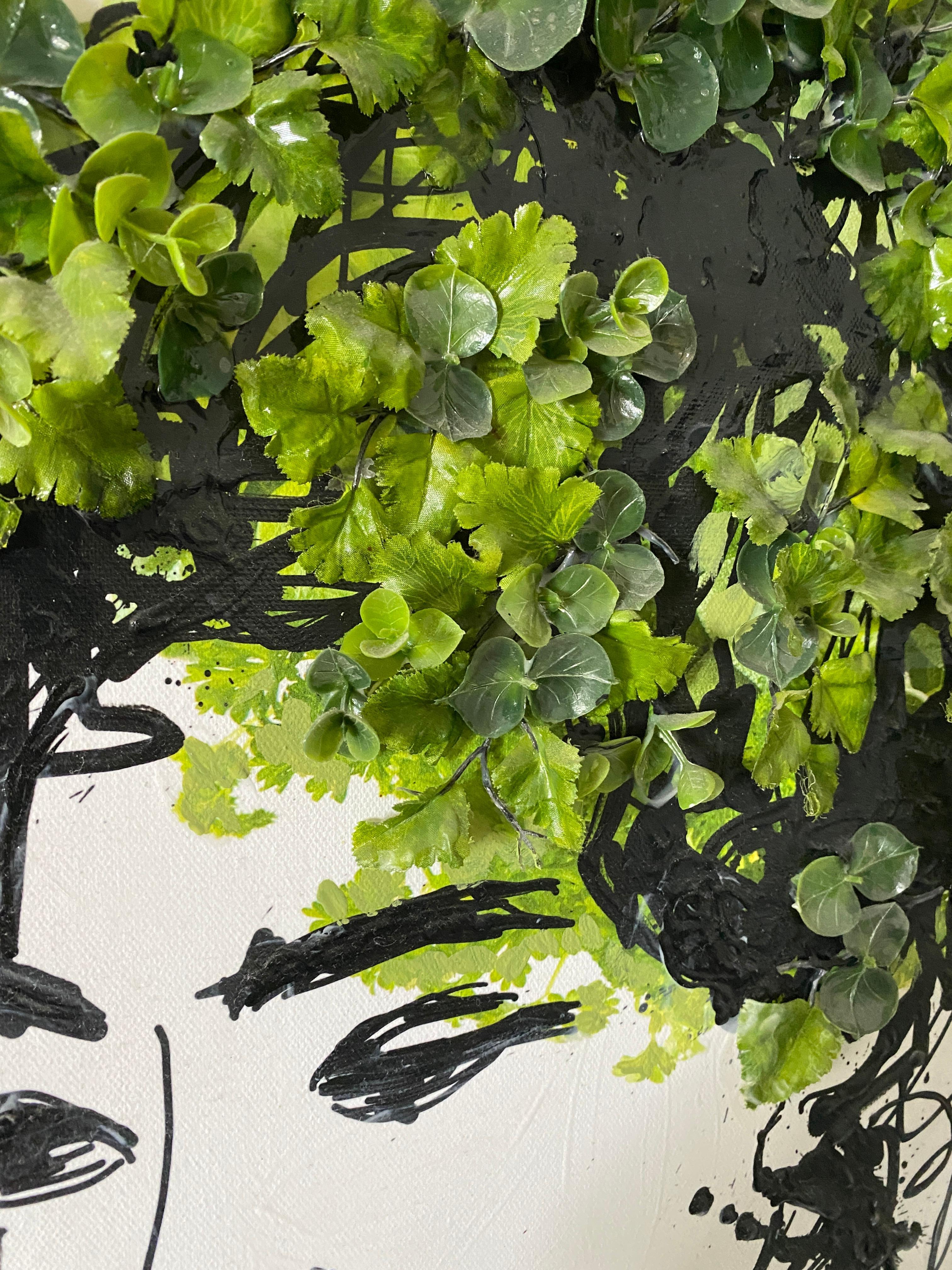Beauty Spring Woman - Acryl und 3D Malerei auf Leinwand + Künstliche Buchsbaumhecke Baby Green Leaves Laub Biophilic Design 24 x 24