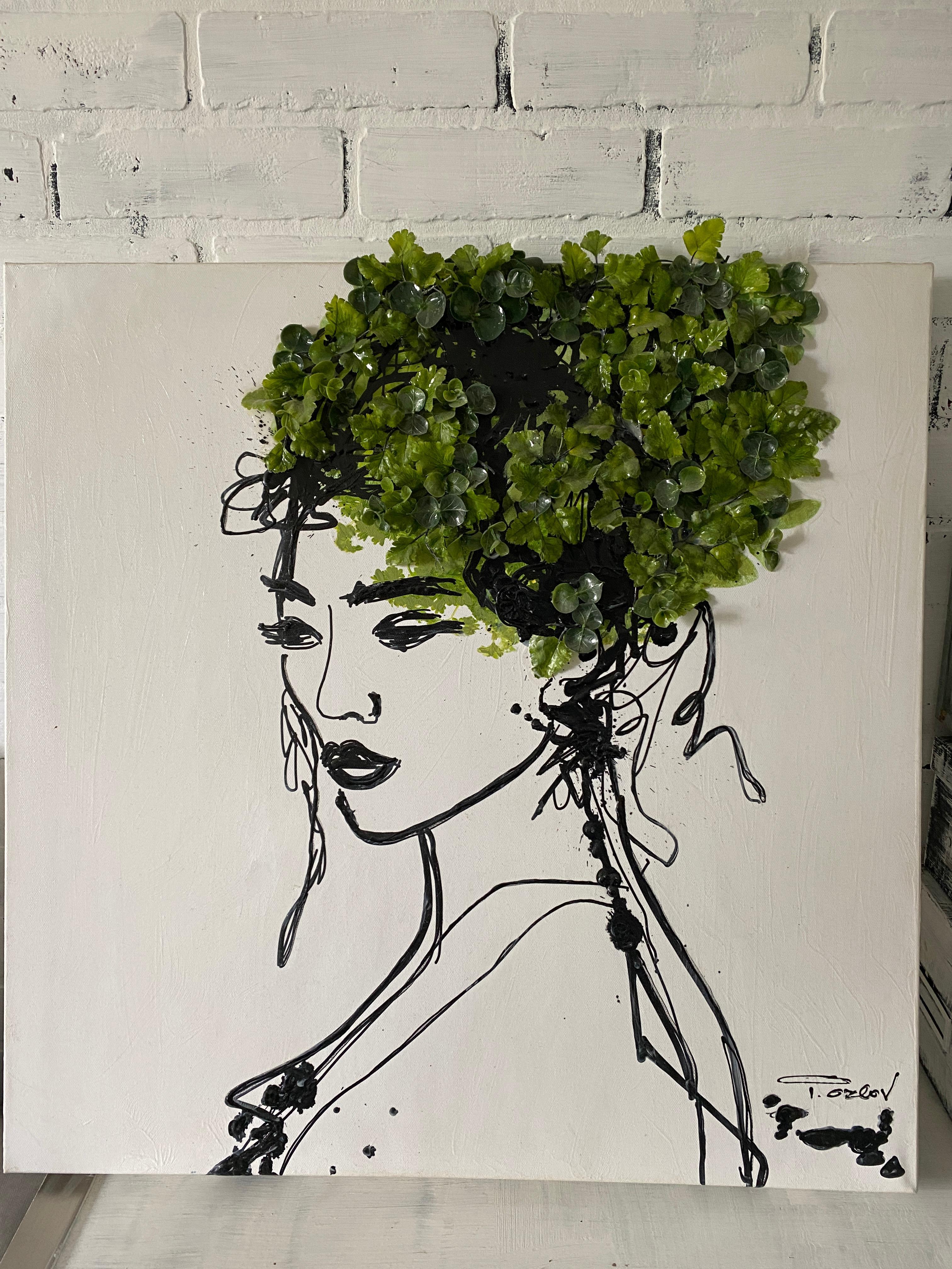 Beauty Spring Woman - Acrylic and 3D Painting on Canvas + Artificial Boxwood Hedge Baby Green Leaves Foliage Biophilic design 24 x 24