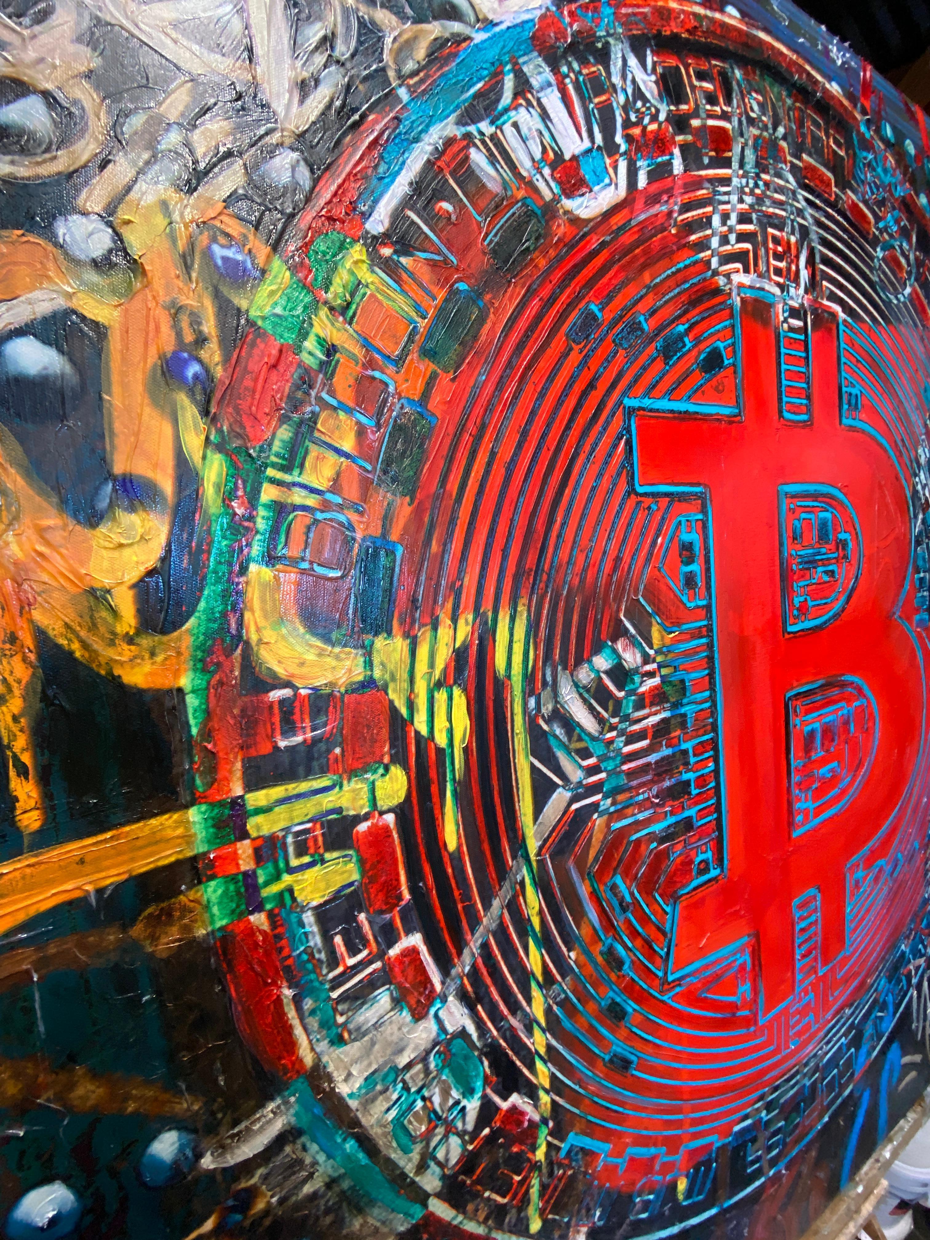 Bitcoin Blau Rot Graffiti Abstrakte Leinwand, Cryptocurrency Bitcoin H48
