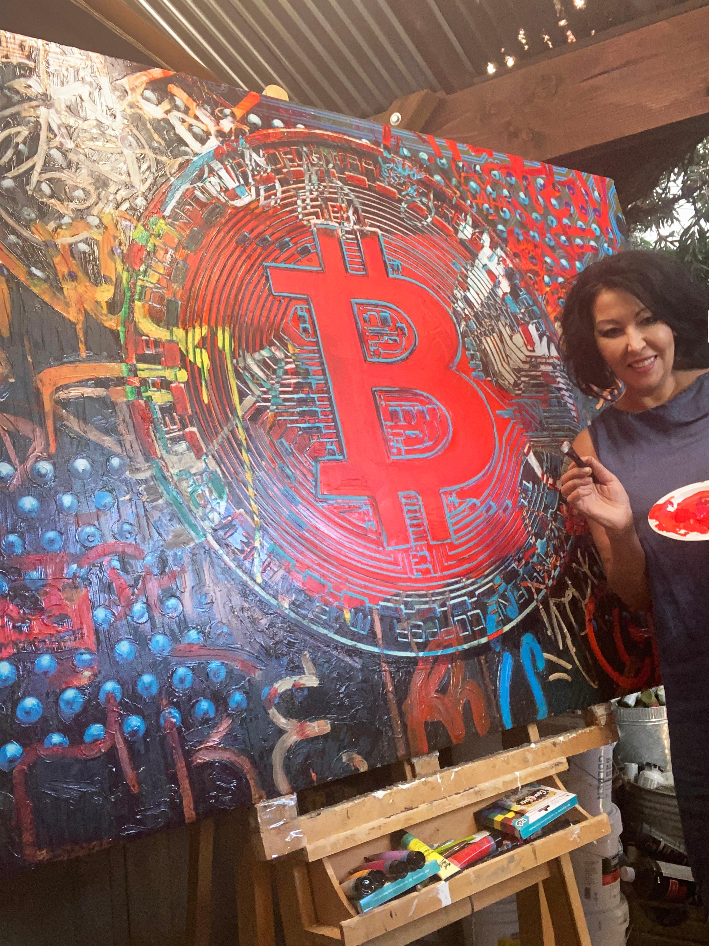 Bitcoin Blau Rot Graffiti Abstrakte Leinwand, Cryptocurrency Bitcoin H48