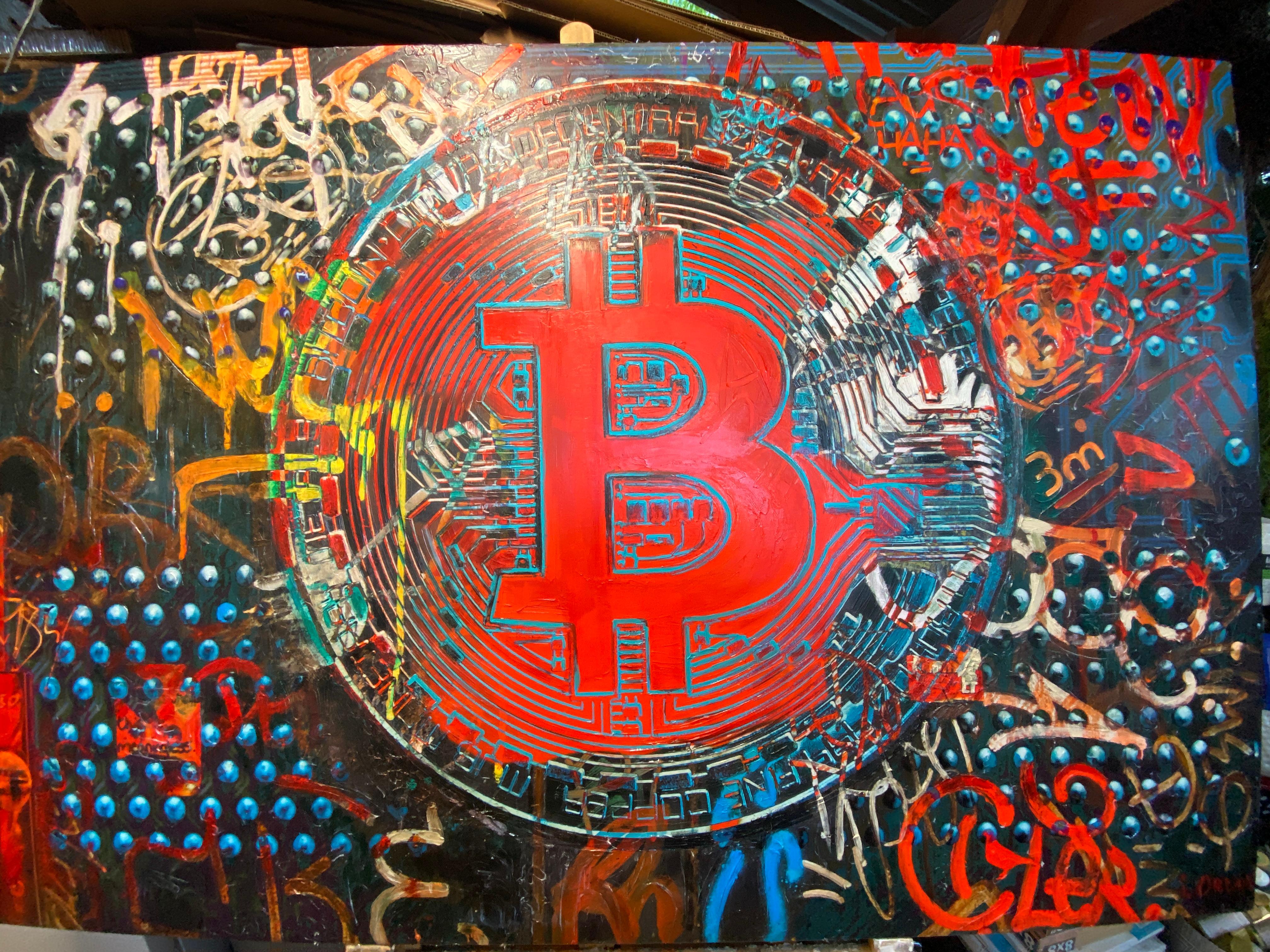 Bitcoin Blau Rot Graffiti Abstrakte Leinwand, Cryptocurrency Bitcoin H48