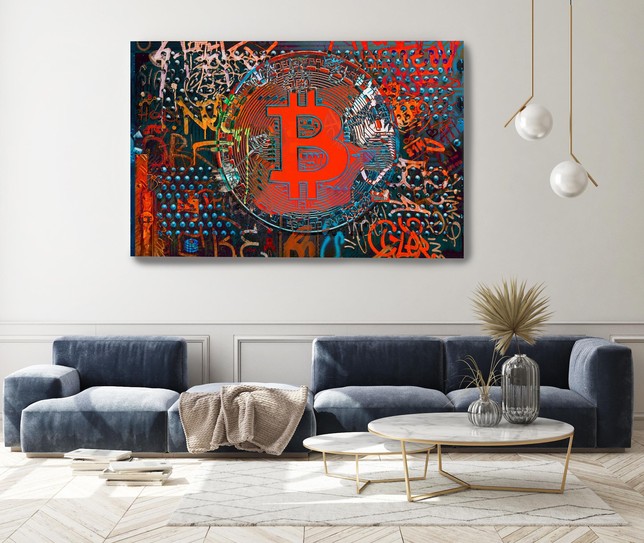 Bitcoin Blue Red Graffiti Abstract Canvas, Cryptocurrency Bitcoin H48"XW72" - Mixed Media Art by Irena Orlov