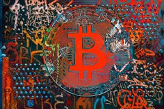 Bitcoin Blue Red Graffiti Abstract Canvas, Cryptocurrency Bitcoin H48"XW72"