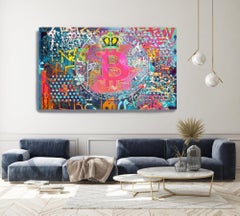 Bitcoin Graffiti Abstract Canvas Art, Cryptocurrency Bitcoin Painting H45"XW70"