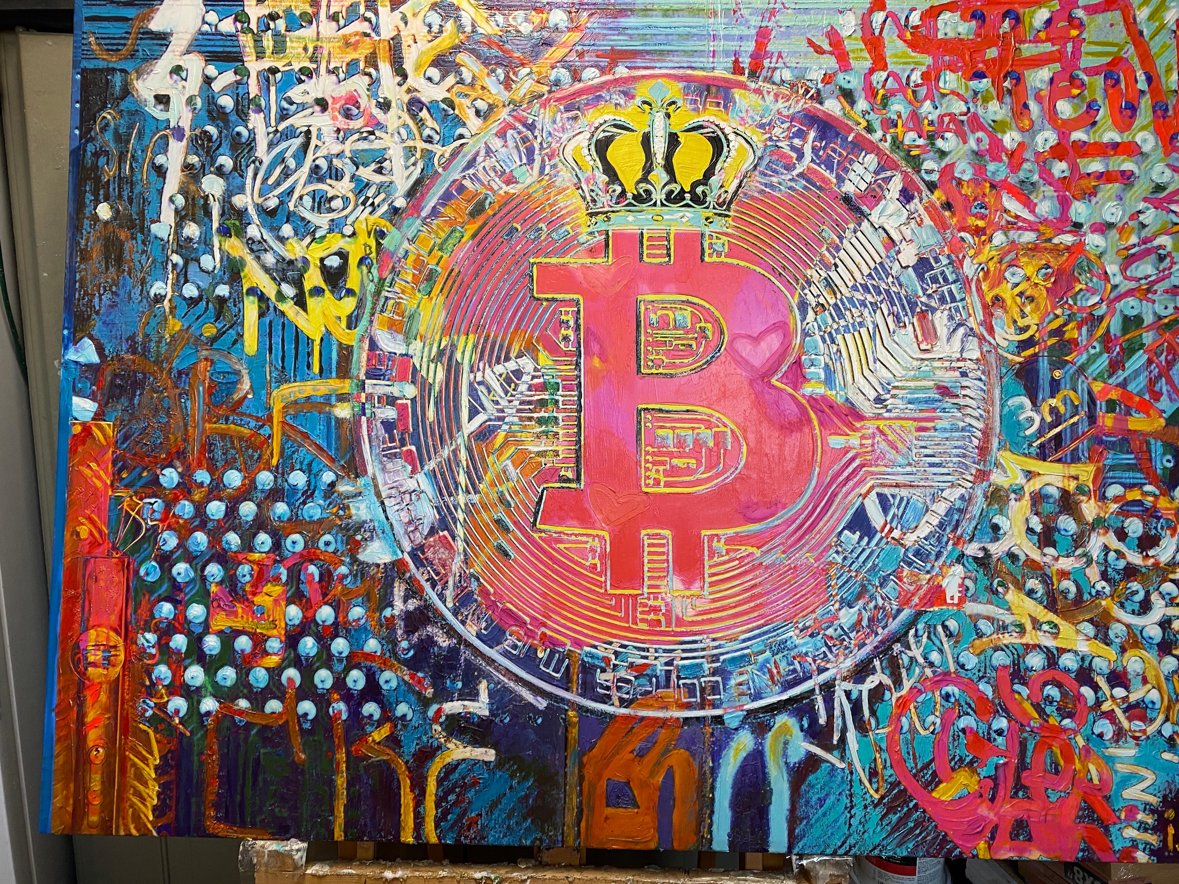 Bitcoin Graffiti Abstrakte Leinwand Kunst, Cryptocurrency Bitcoin Gemälde H45