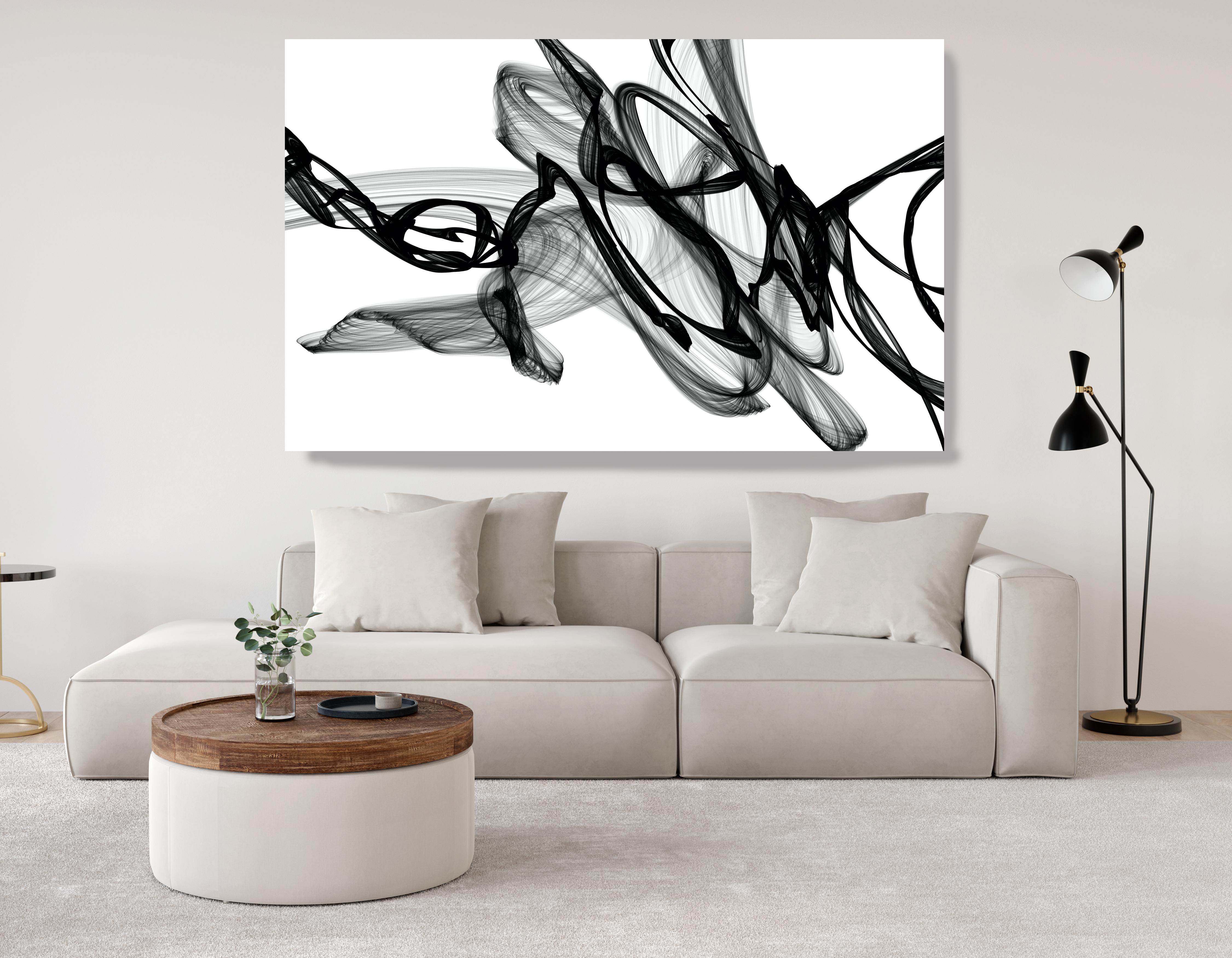 Schwarzweißes und weißes minimalistisches Neumedien-Gemälde 46""H X 80"W bei Nacht