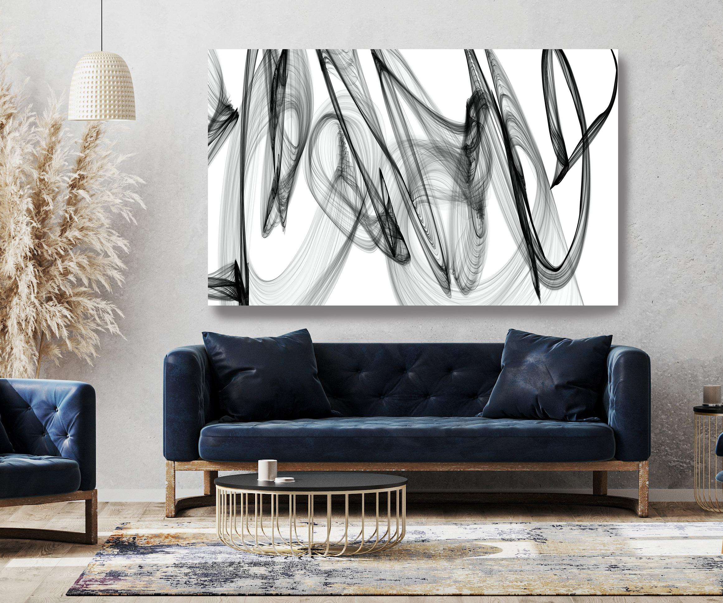Irena Orlov Abstract Painting - Black and White Minimalist New Media vs Painting 46"H X 80"W A Powerful Force