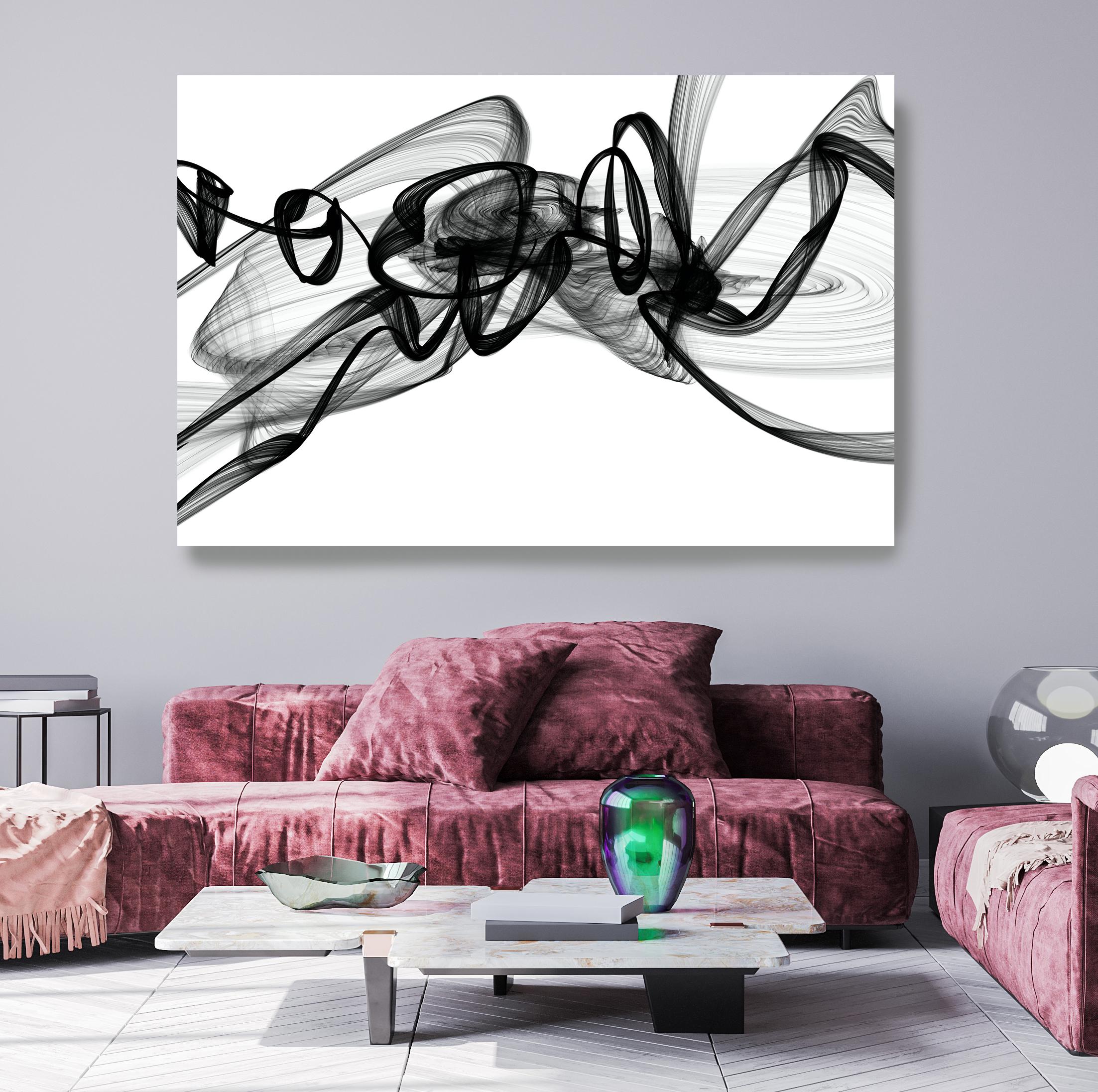 Irena Orlov Abstract Painting - Black and White Modern Minimalist New Media vs Painting 40"H X 80"W Vision