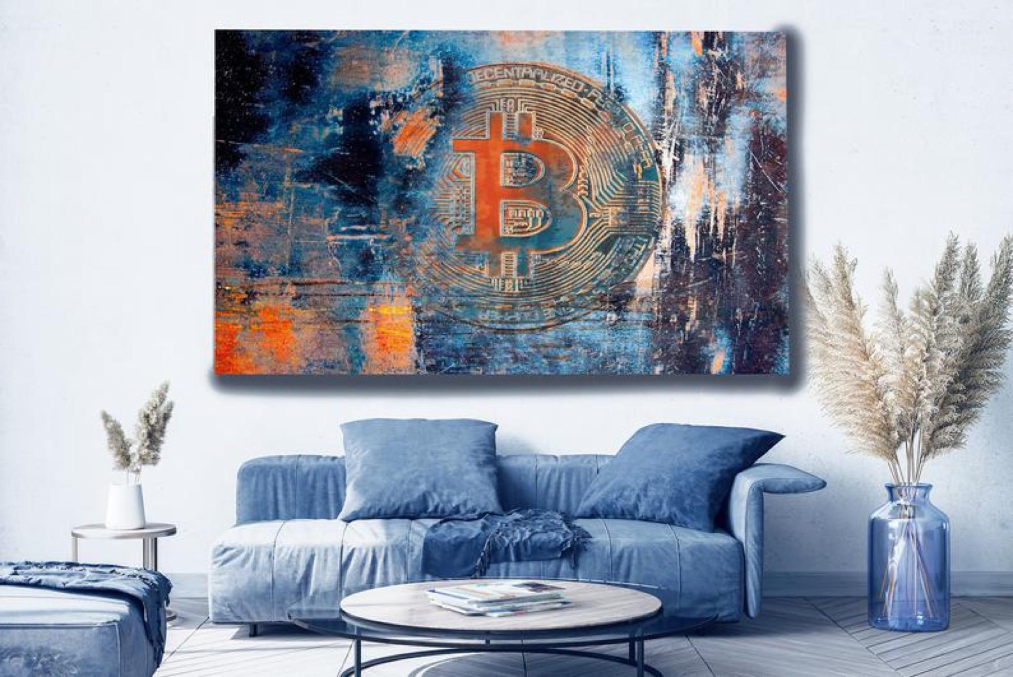 BTC, Bitcoin Abstract Canvas Art, Cryptocurrency Bitcoin Painting H48"XW70" - Mixed Media Art by Irena Orlov