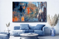 BTC, Bitcoin Abstract Canvas Art, Cryptocurrency Bitcoin Painting H48"XW70"
