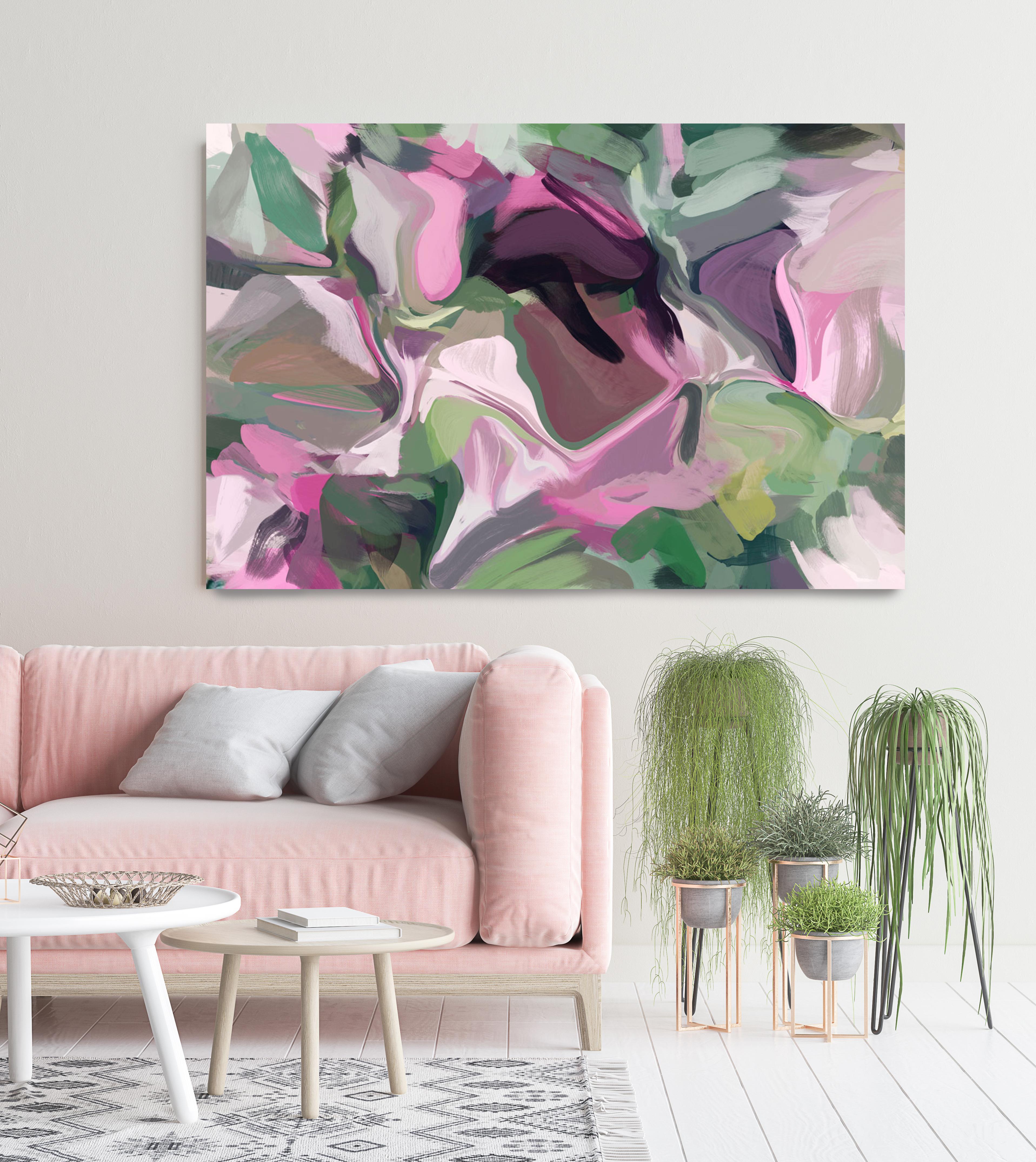 Contemporary Color Burst Abstraction 1604 Pink Green Painting Mixed Media Canvas