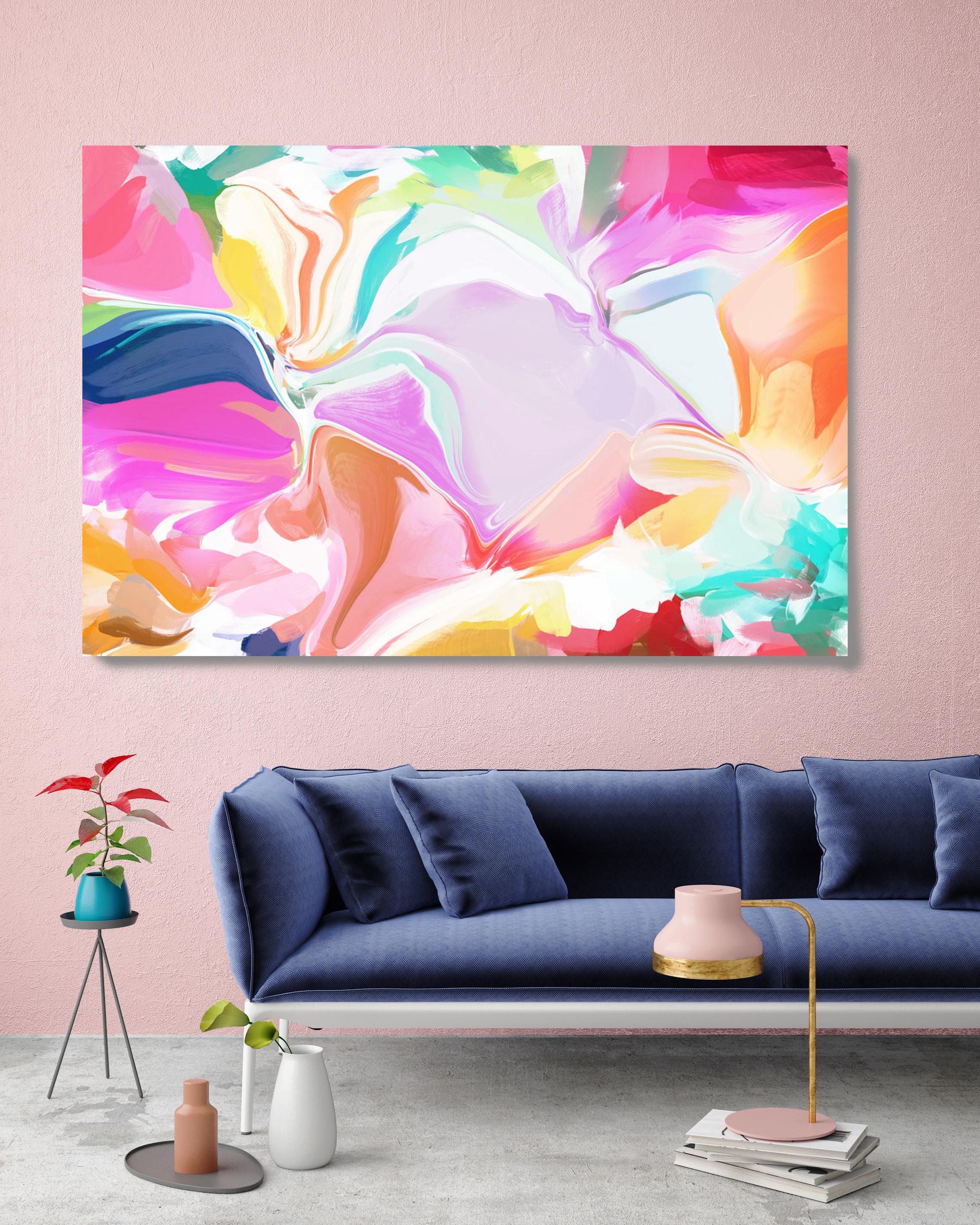 Contemporary Color Burst Abstraction 603 Pink Gold Painting Mixed Media Canvas