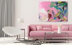 Contemporary Color Burst Abstraction Pink Green Painting Mixed Media Canvas