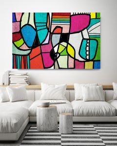 Mid Century Full of Colors Mixed Media Heavy Textured Painting 38x54"