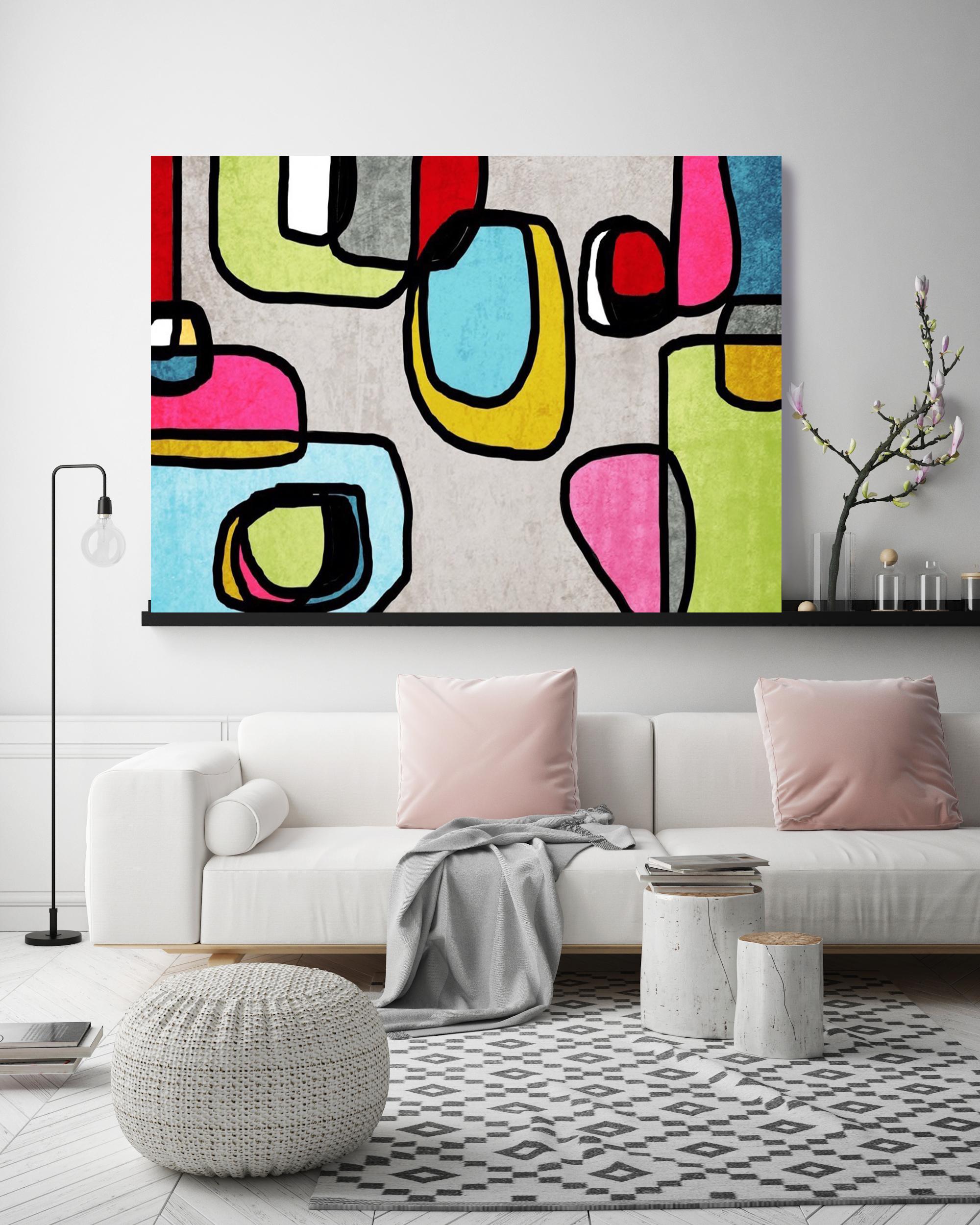 Pittura mista moderna MidCentury Blue Green 38 x 54"