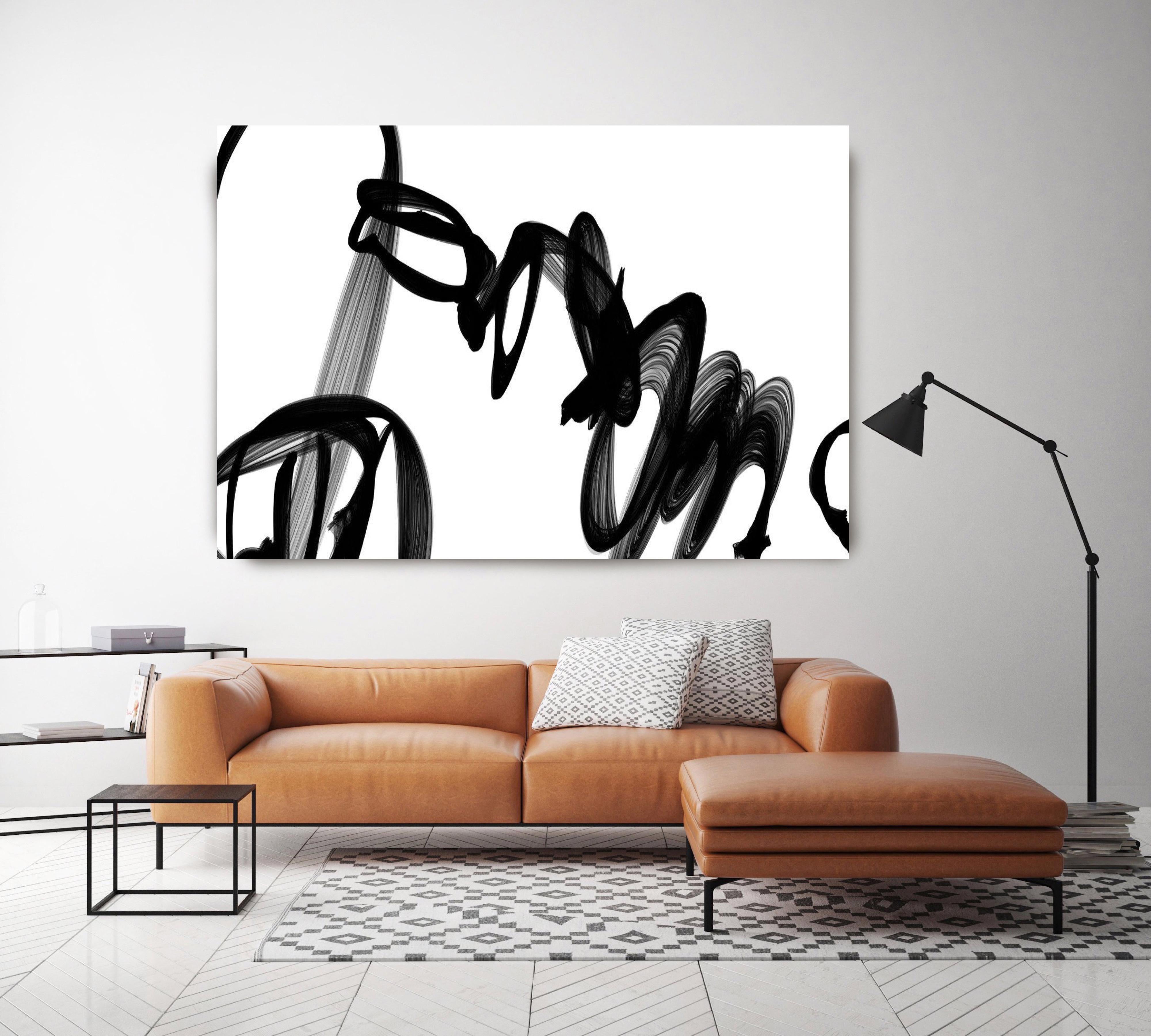 Irena Orlov Interior Painting - Minimalist Abstract in Black and White, Dangerous Seduction 48 x 36" 