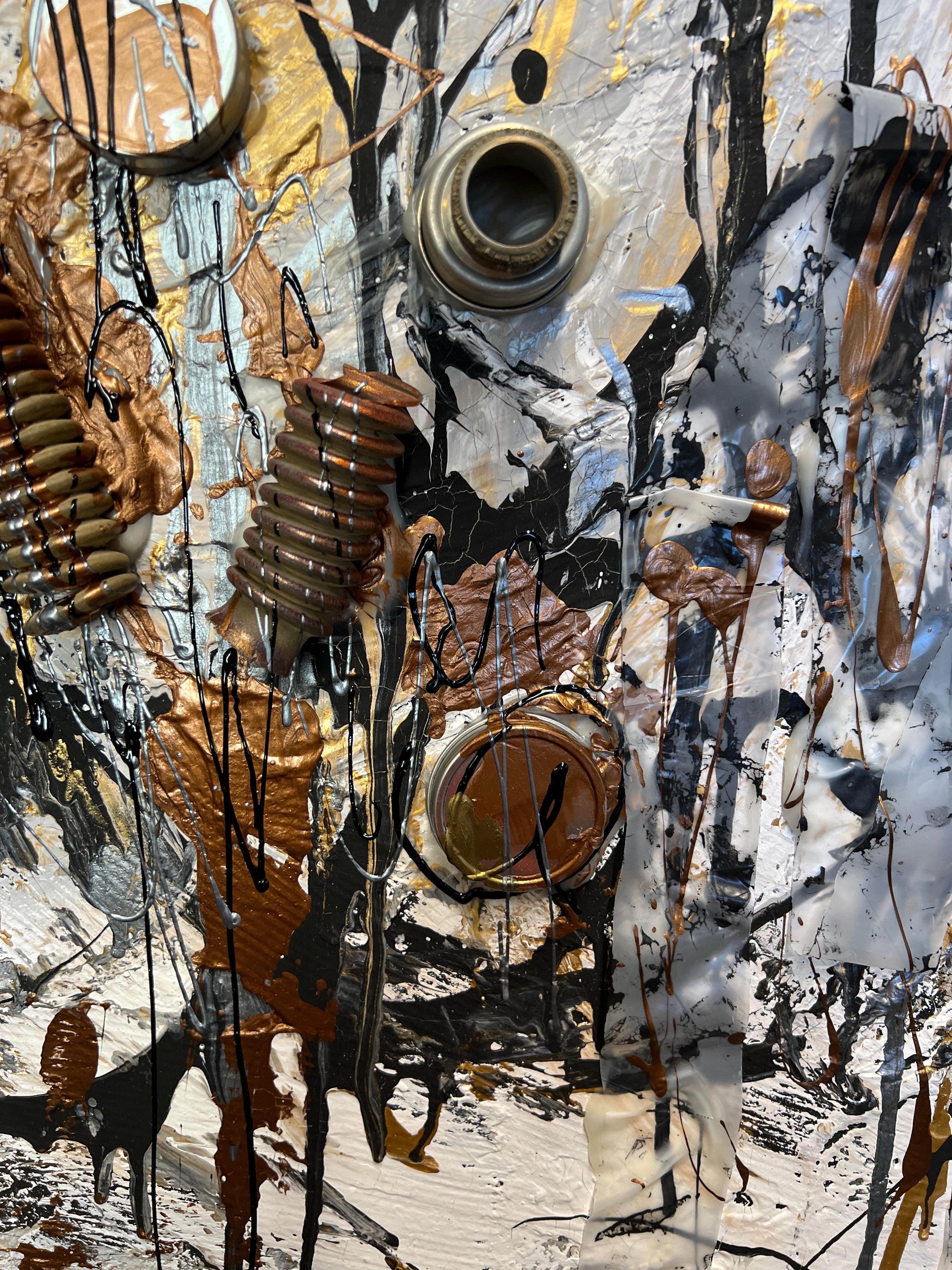 After 77 Years, Again in Fear? - Mixed Media Assemblage on Canvas - Gold Abstract Sculpture by Irena Orlov