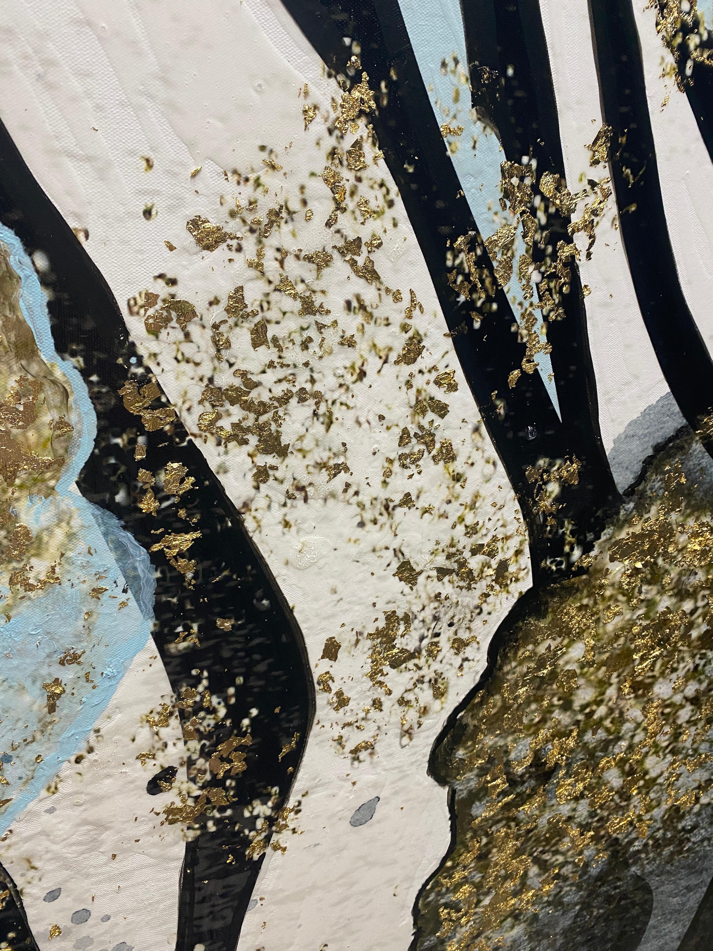 Zebra Blue Gold Leaf Glamour Abstract Art Mixed Media 60 x 45