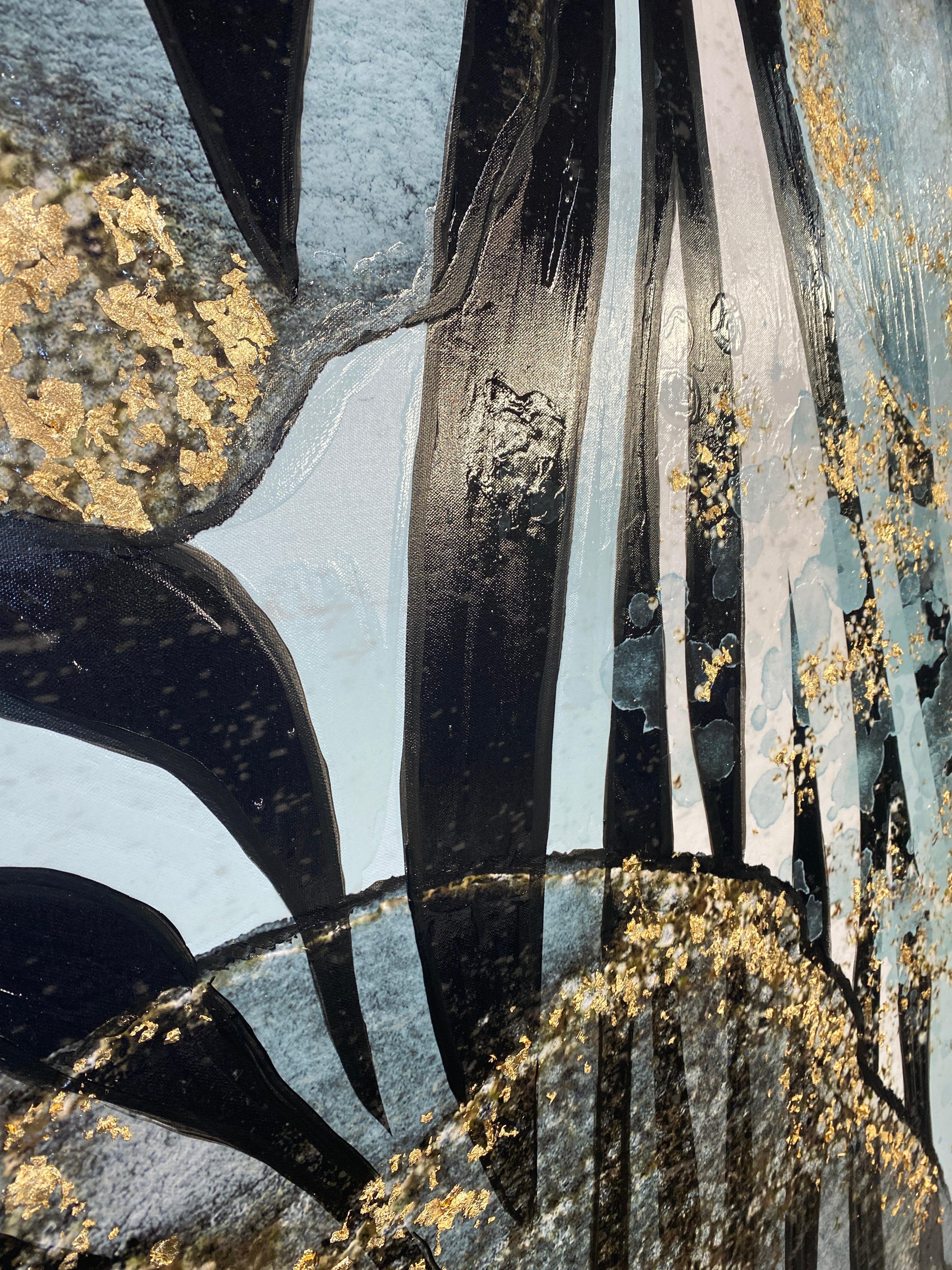 Zebra Blue Gold Leaf Glamour Abstract Art Mixed Media 60 x 45