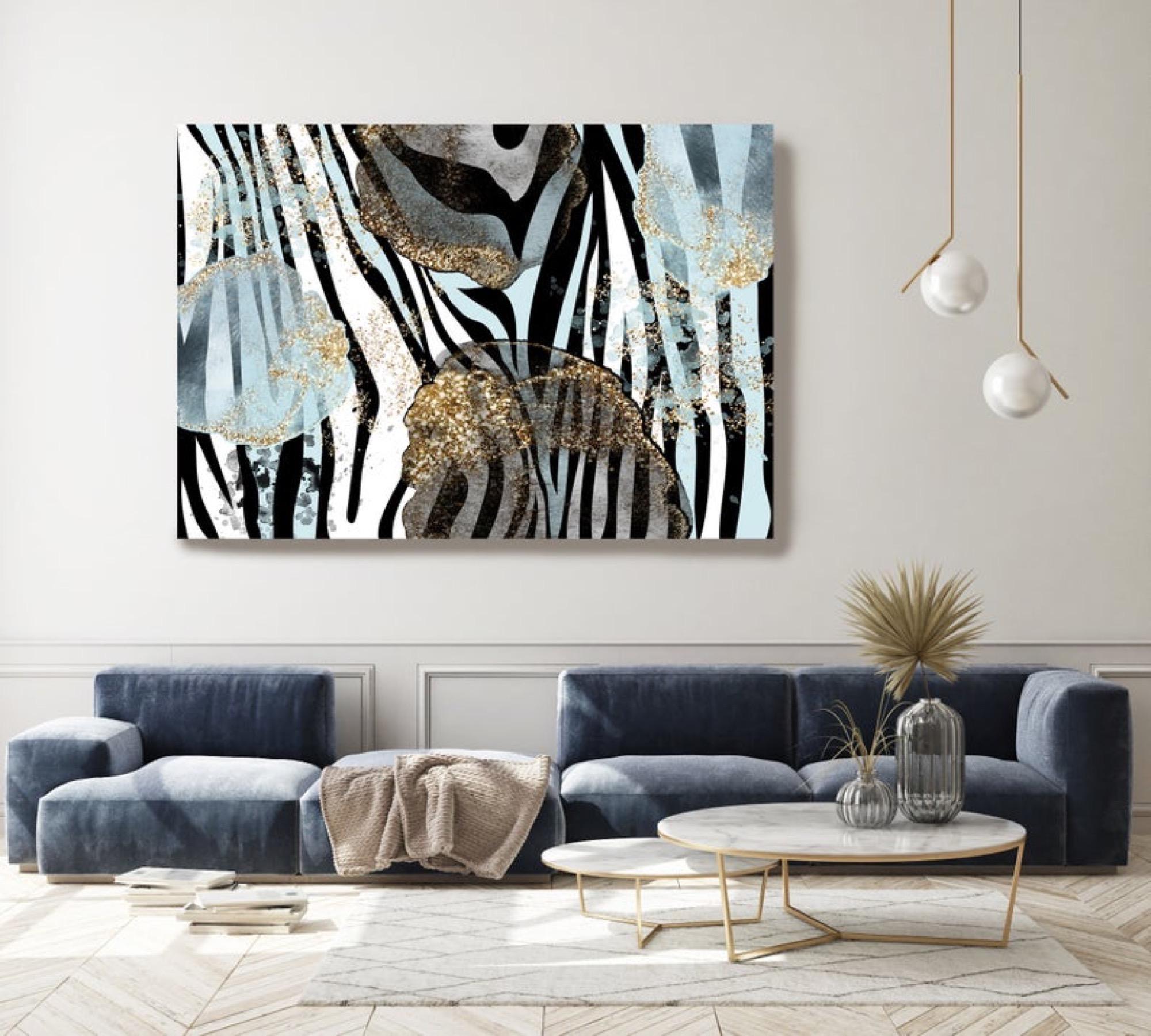 Zebra Blau Blattgold Glamour Abstrakte Kunst Mixed Media 60 x 45"""