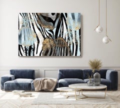 Zebra Blue Gold Leaf Glamour Abstract Art Mixed Media 60 x 45"