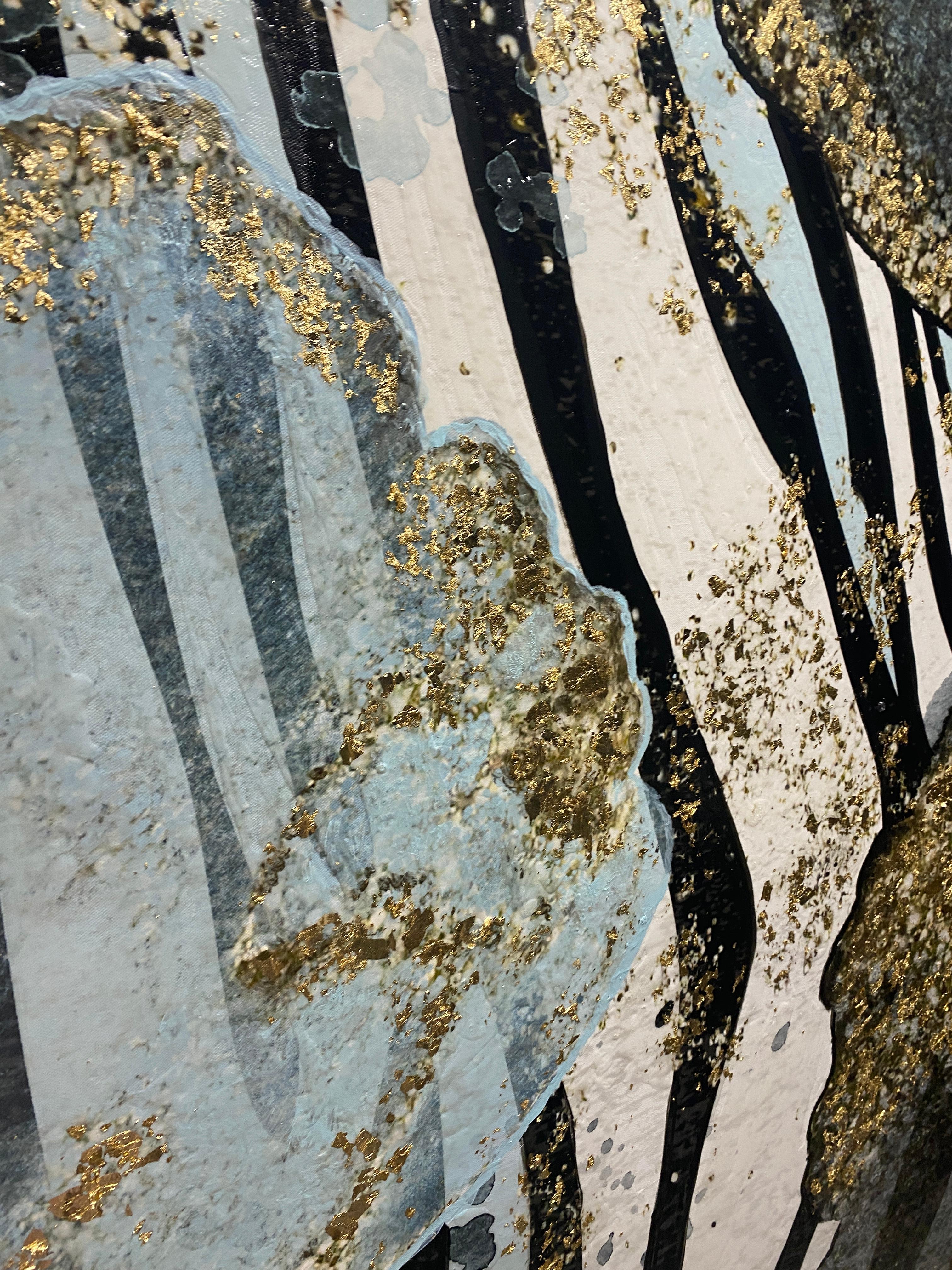 Zebra Blau Blattgold Glamour Abstrakte Kunst Mixed Media 60 x 45