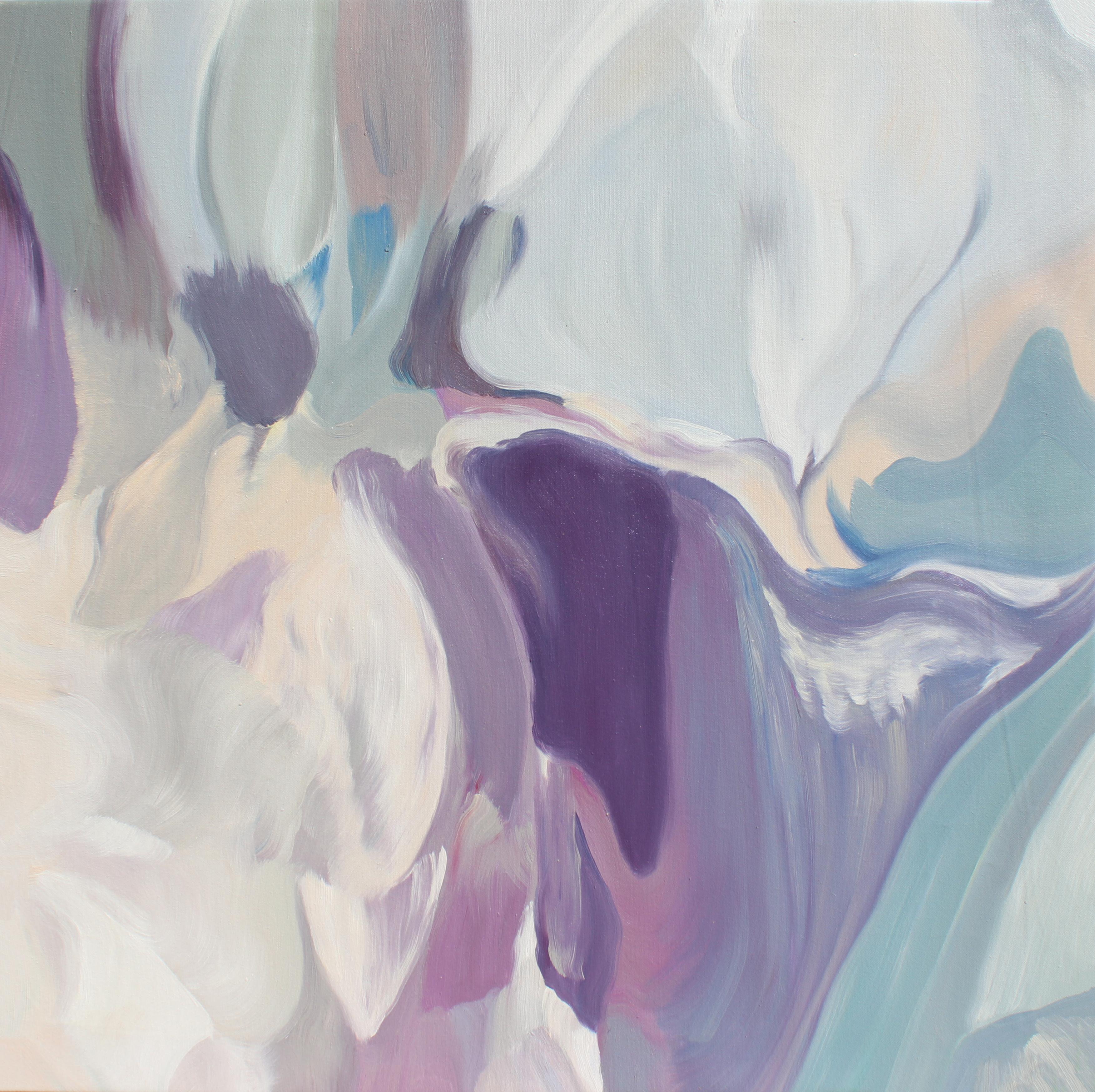 Peinture à l'huile abstraite sur toile en bleu violet et crème 38 x 38 pouces « Mixed Feelings » en vente 5